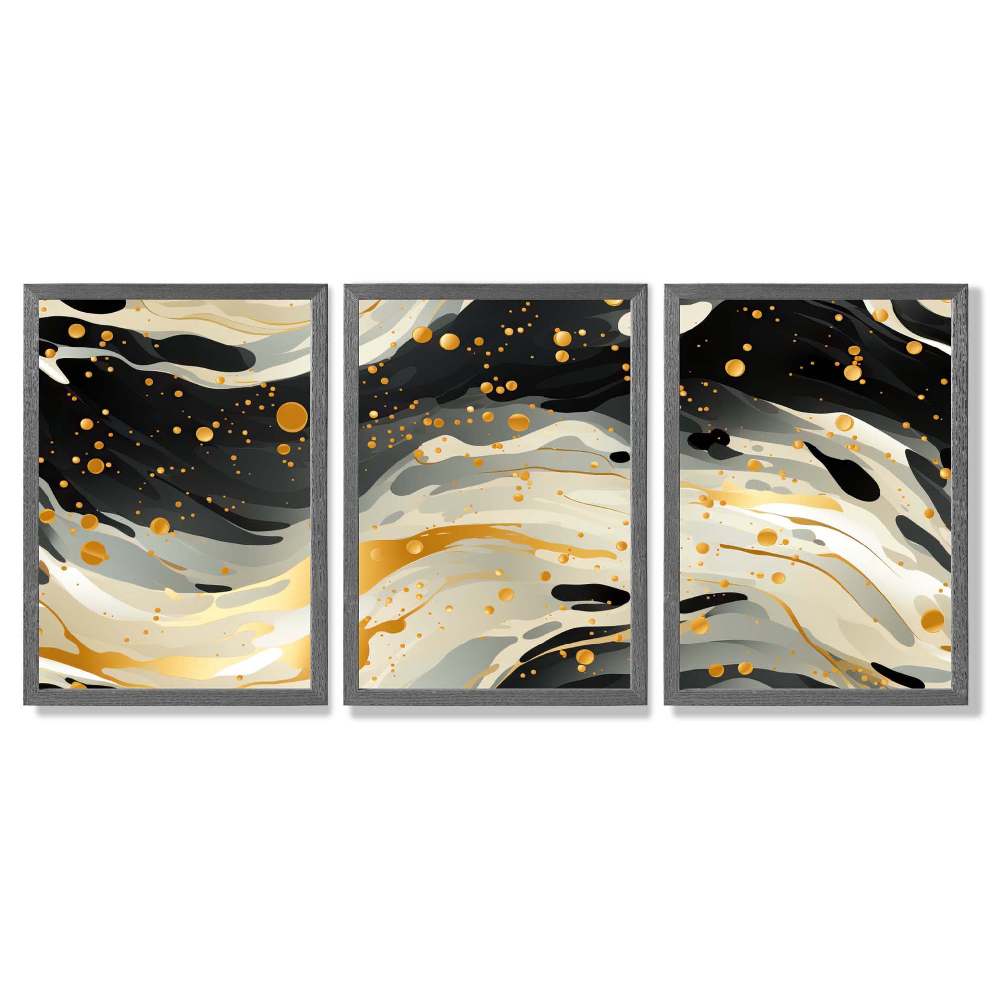 Abstract Modern Black and Yellow Set of 3 Framed Art Prints with Dark Grey Wooden Frames