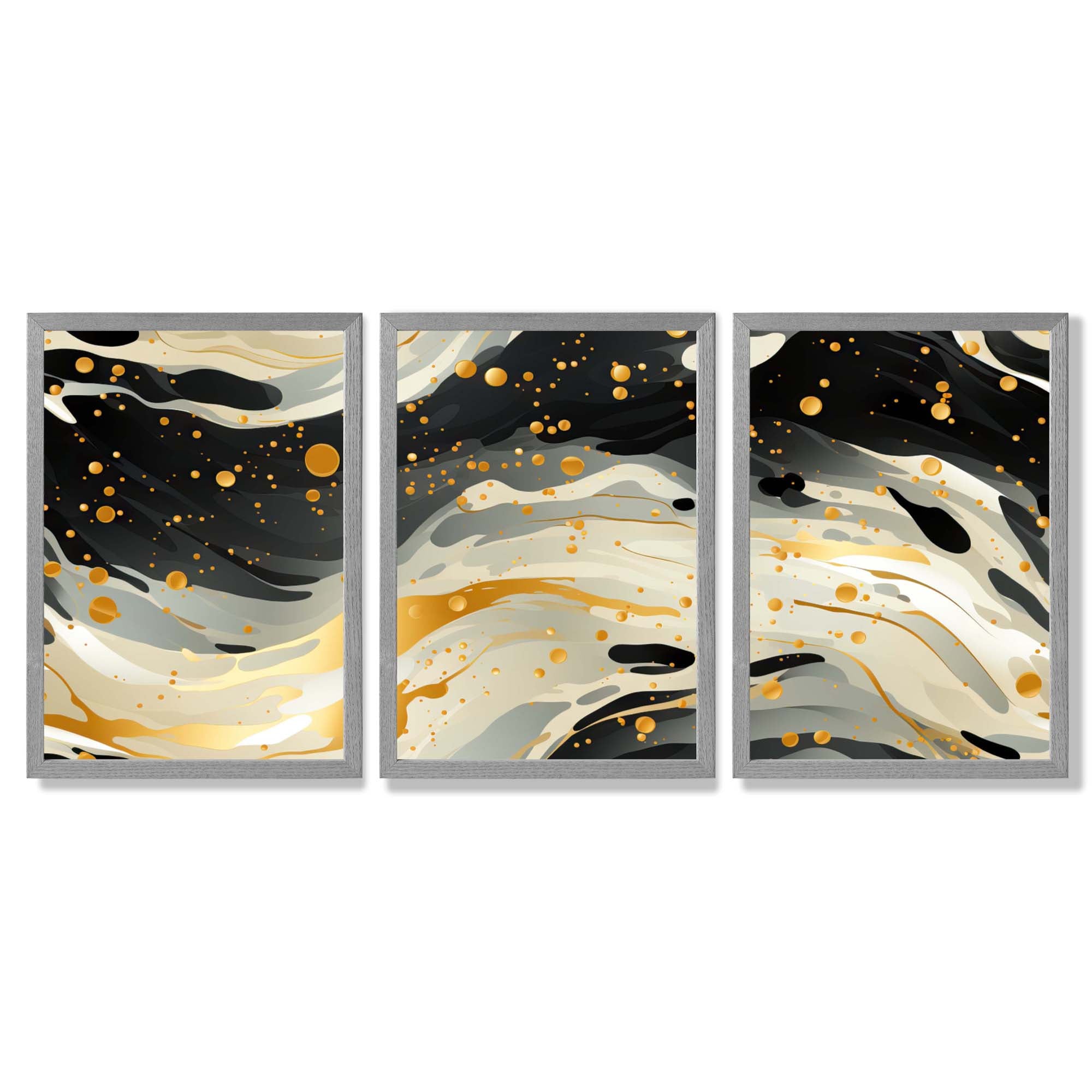Abstract Modern Black and Yellow Set of 3 Framed Art Prints with Light Grey Wooden Frames