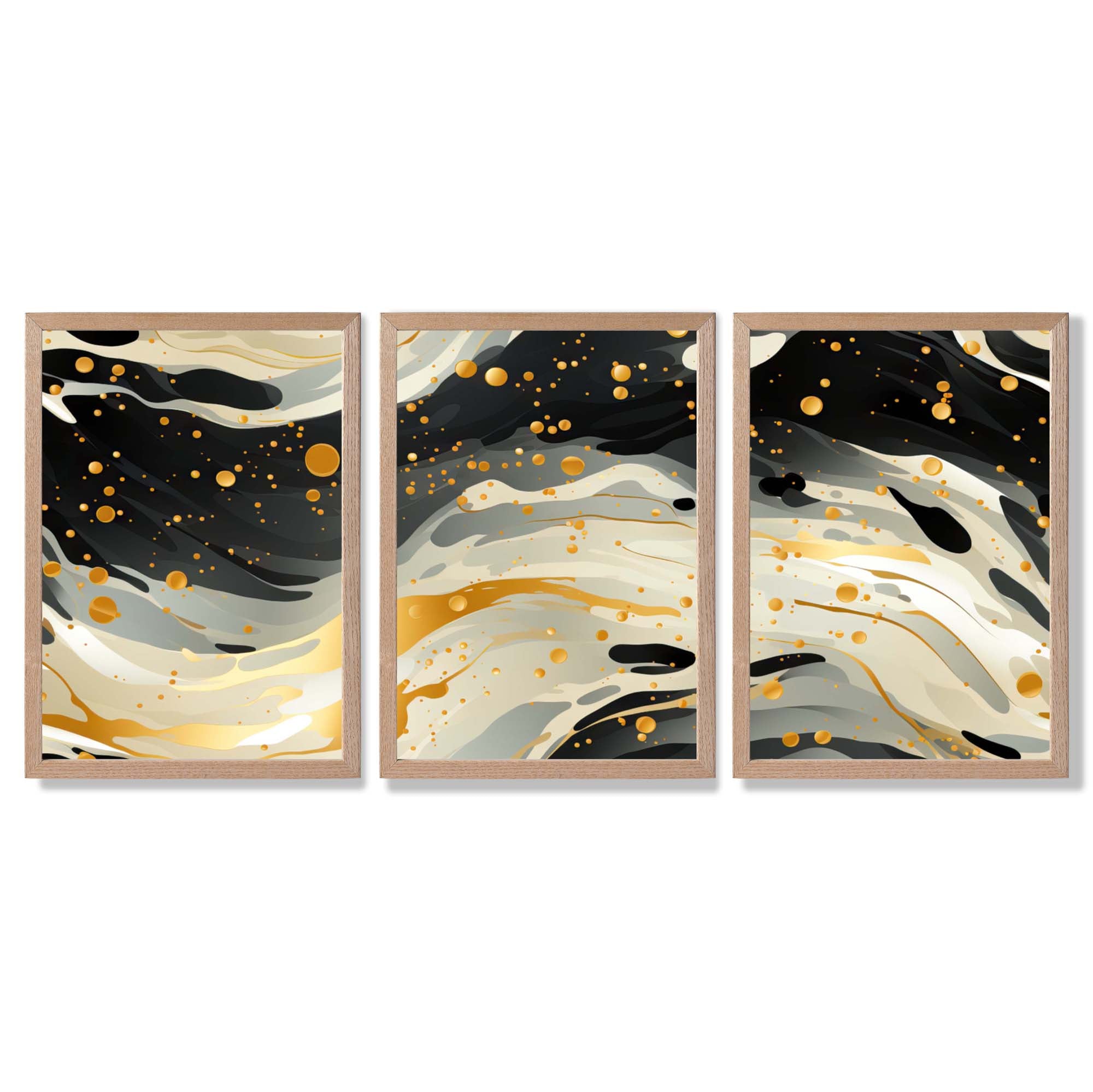 Abstract Modern Black and Yellow Set of 3 Framed Art Prints with Light Oak Frames