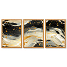 Abstract Modern Black and Yellow Set of 3 Framed Art Prints with Oak Wooden Frames