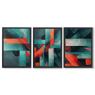 Abstract Modern Teal Blue and Red Geometric Framed Art Prints with Black Wooden Frames