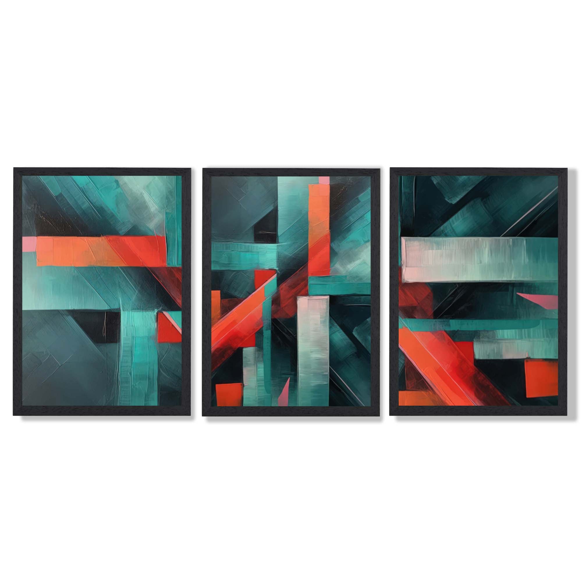 Abstract Modern Teal Blue and Red Geometric Framed Art Prints with Black Wooden Frames