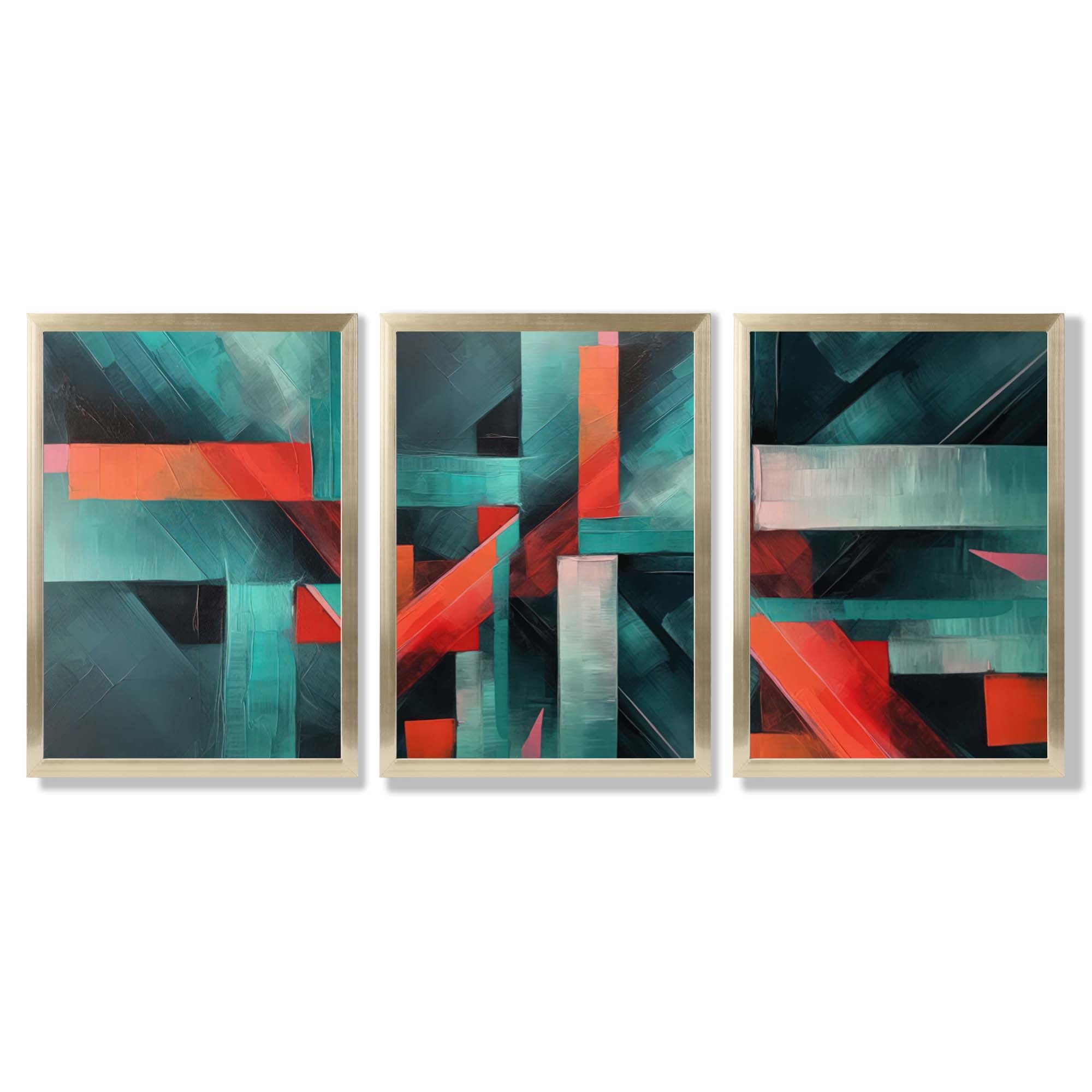 Abstract Modern Teal Blue and Red Geometric Framed Art Prints with Gold Wood Frames