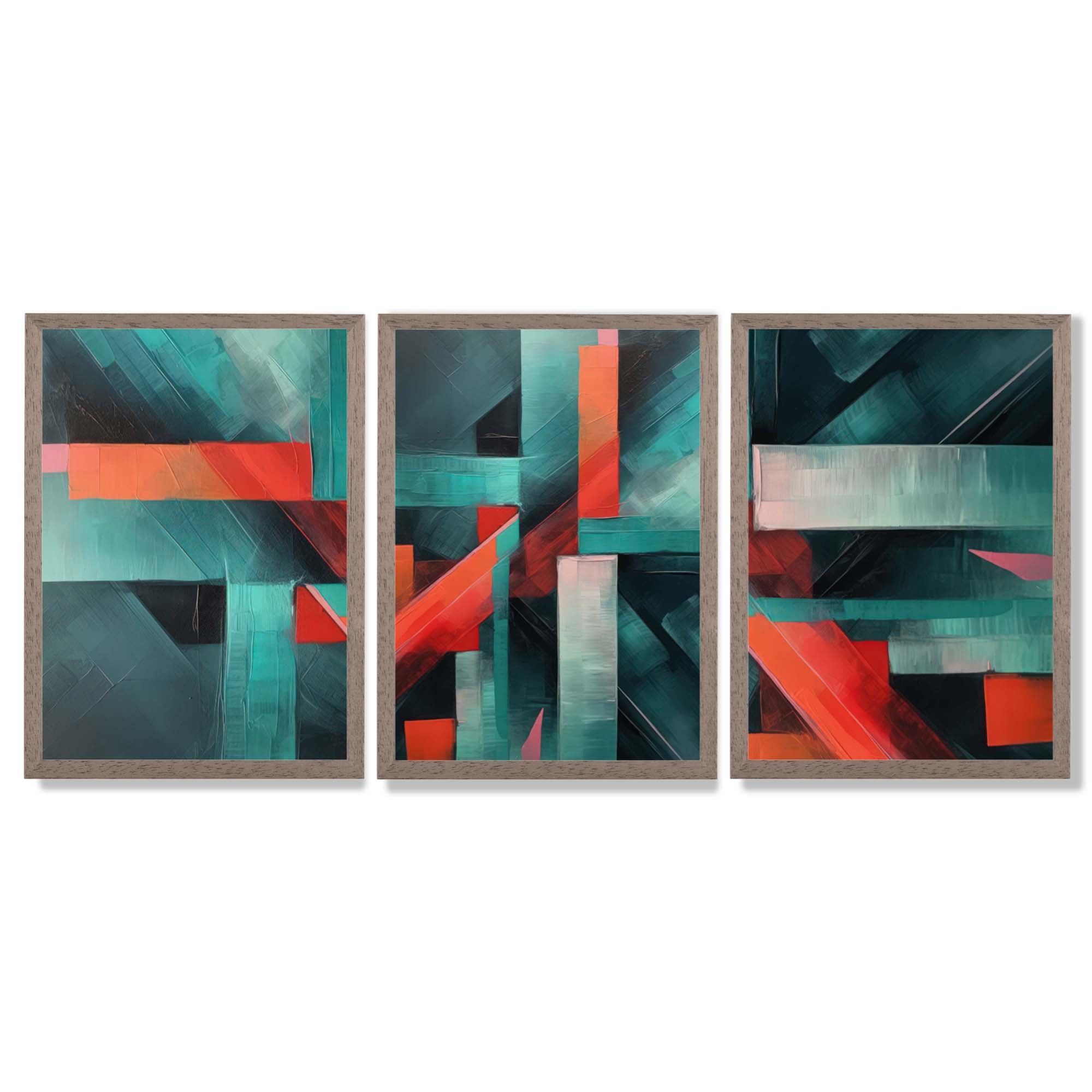 Abstract Modern Teal Blue and Red Geometric Framed Art Prints with Light Walnut Frames