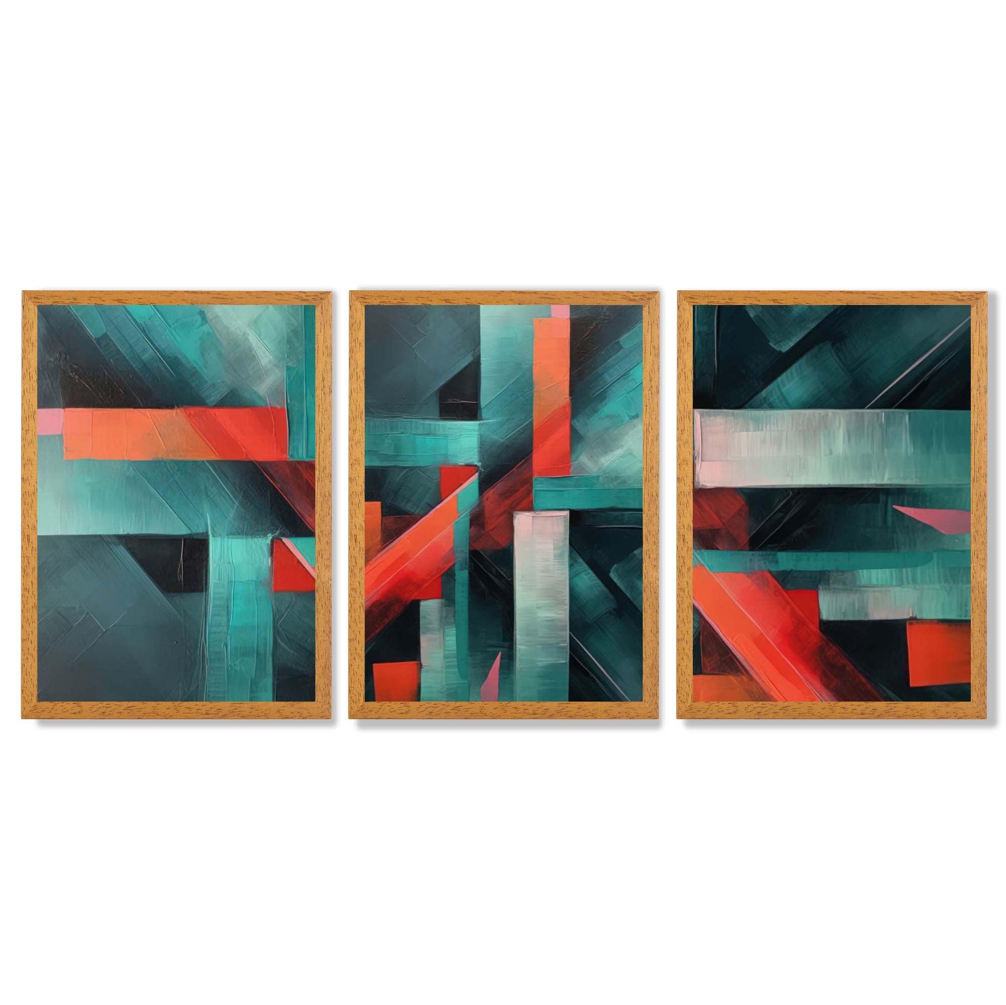 Abstract Modern Teal Blue and Red Geometric Framed Art Prints with Oak Wooden Frames