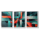 Abstract Modern Teal Blue and Red Geometric Framed Art Prints with Silver Wood Frames