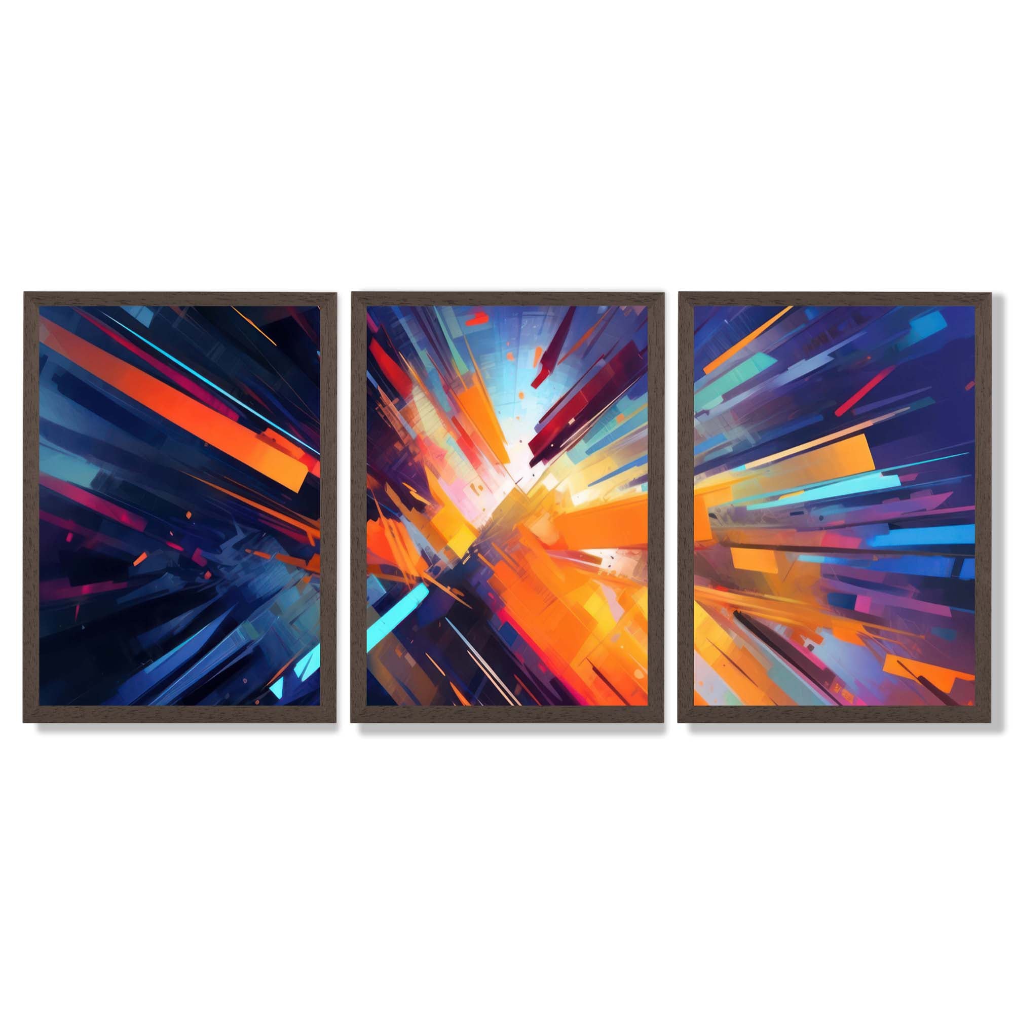 Abstract Modern Purple and Orange Geometric Framed Art Prints with Dark Wood Frames