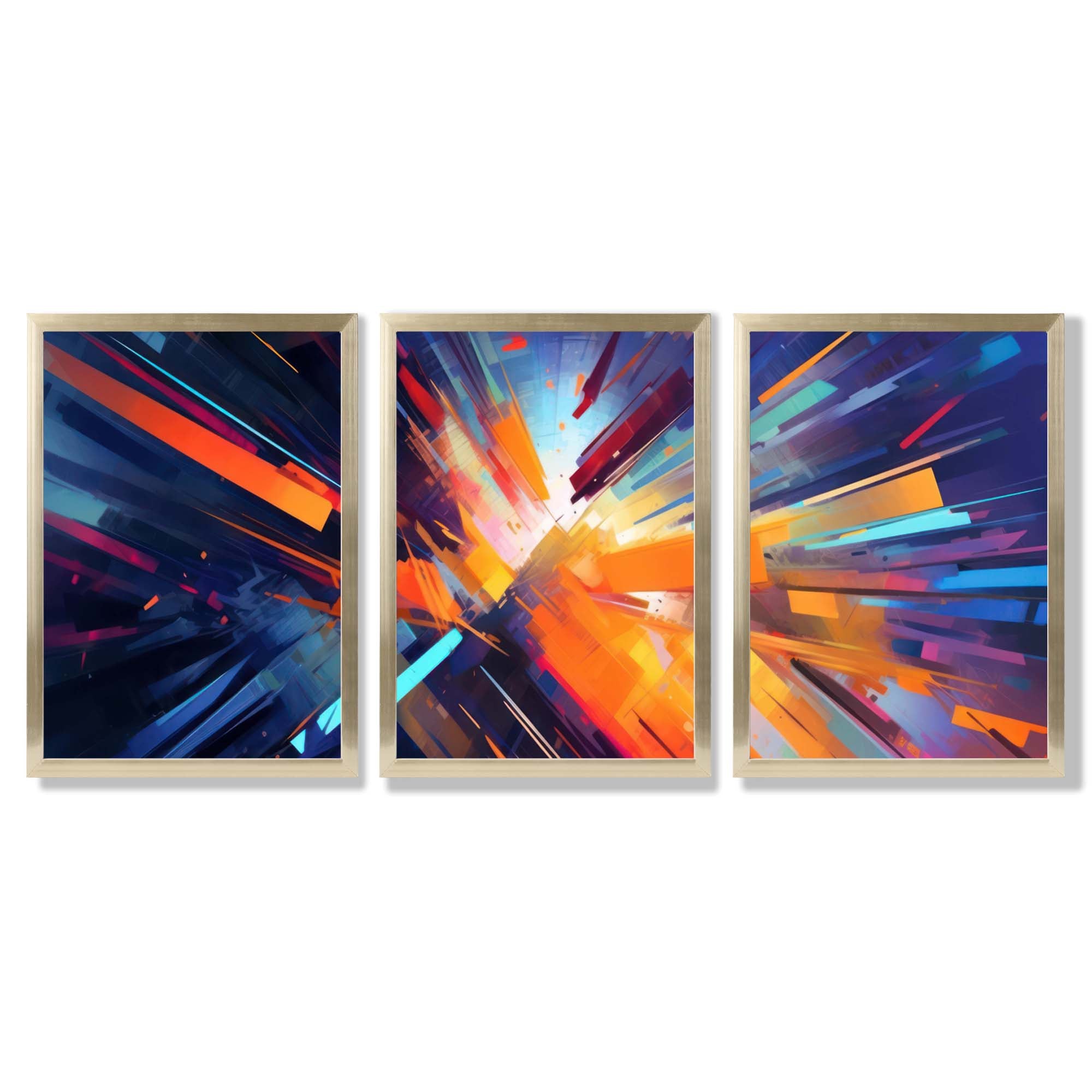 Abstract Modern Purple and Orange Geometric Framed Art Prints with Gold Wood Frames