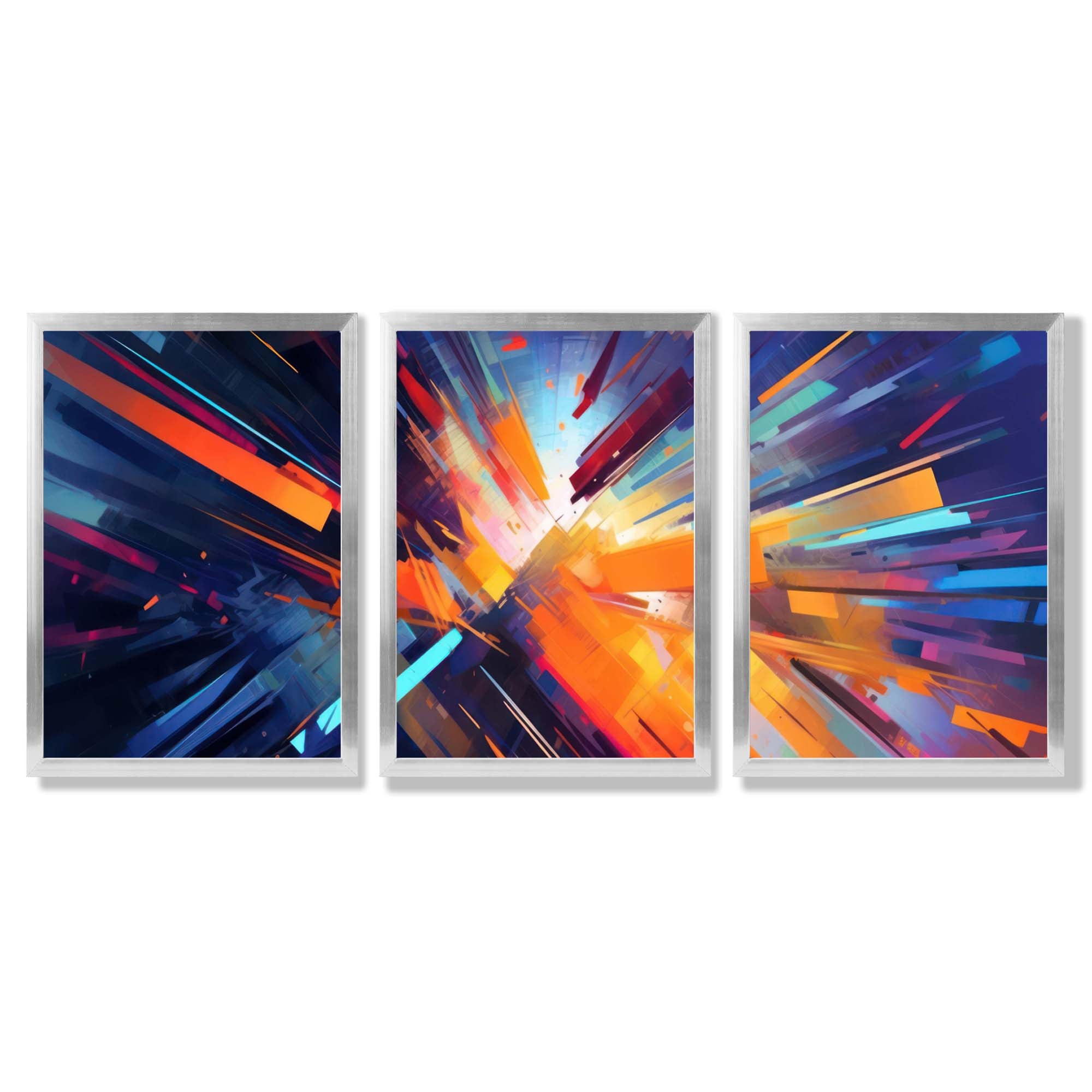 Abstract Modern Purple and Orange Geometric Framed Art Prints with Silver Wood Frames