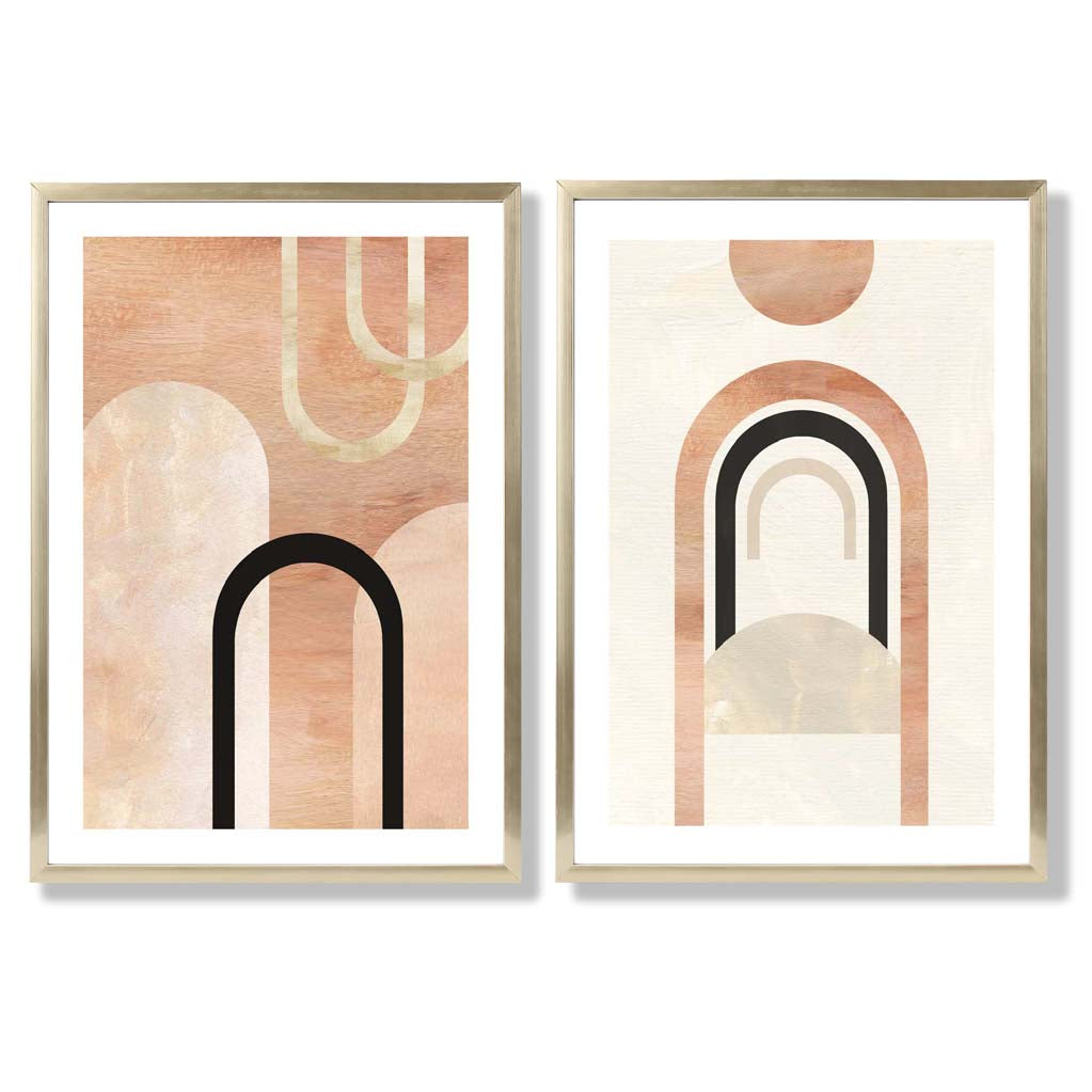 Mid Century Arches in Orange Black Set of 2 Art Prints with Gold Frame