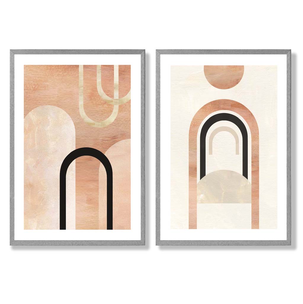 Mid Century Arches in Orange Black Set of 2 Art Prints with Light Grey Frame