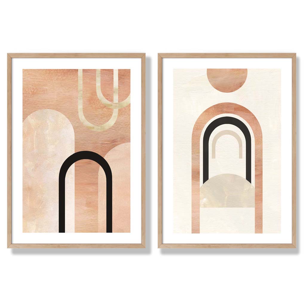 Mid Century Arches in Orange Black Set of 2 Art Prints with Oak Frame