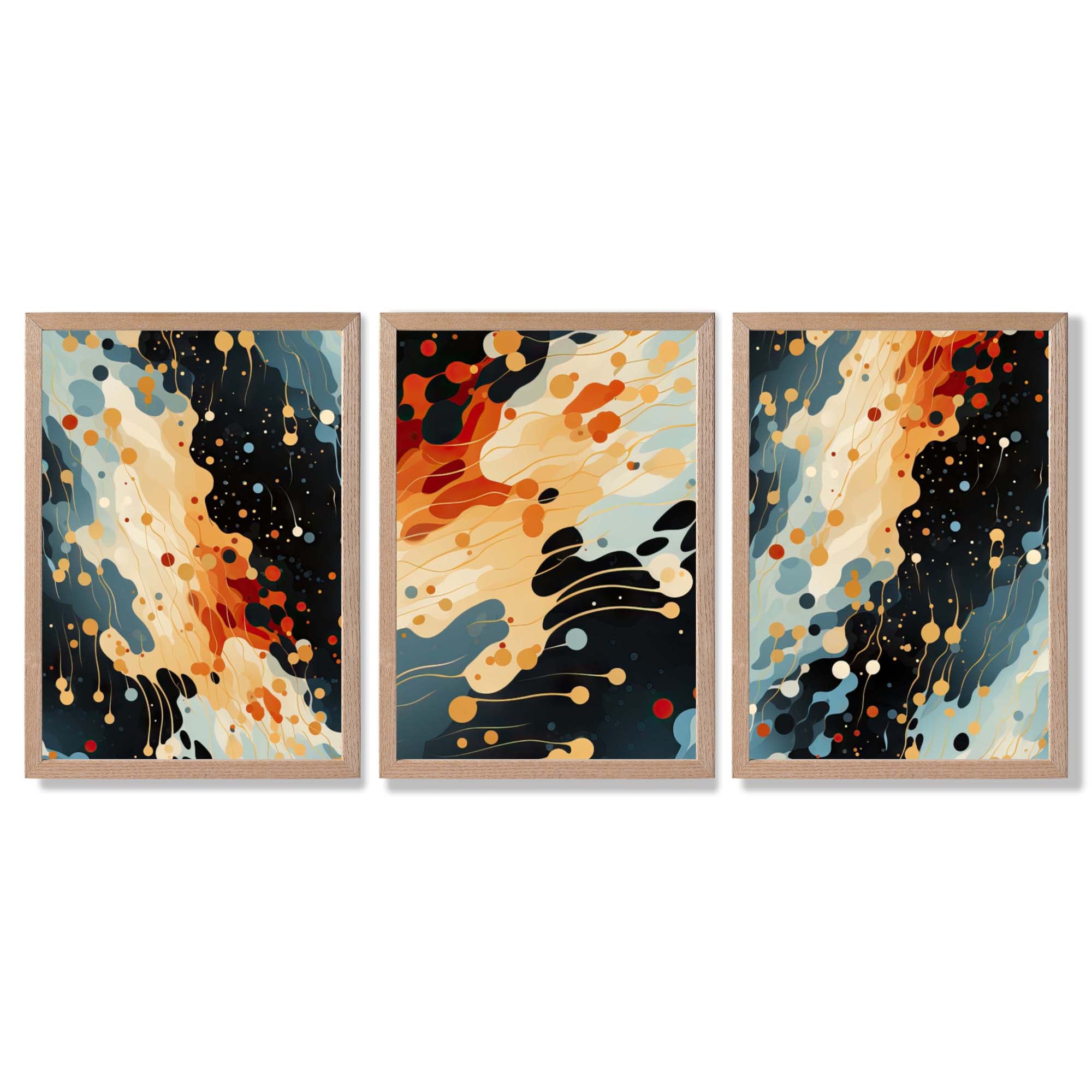 Abstract Modern Blue and Orange Set of 3 Framed Art Prints with Light Oak Frames
