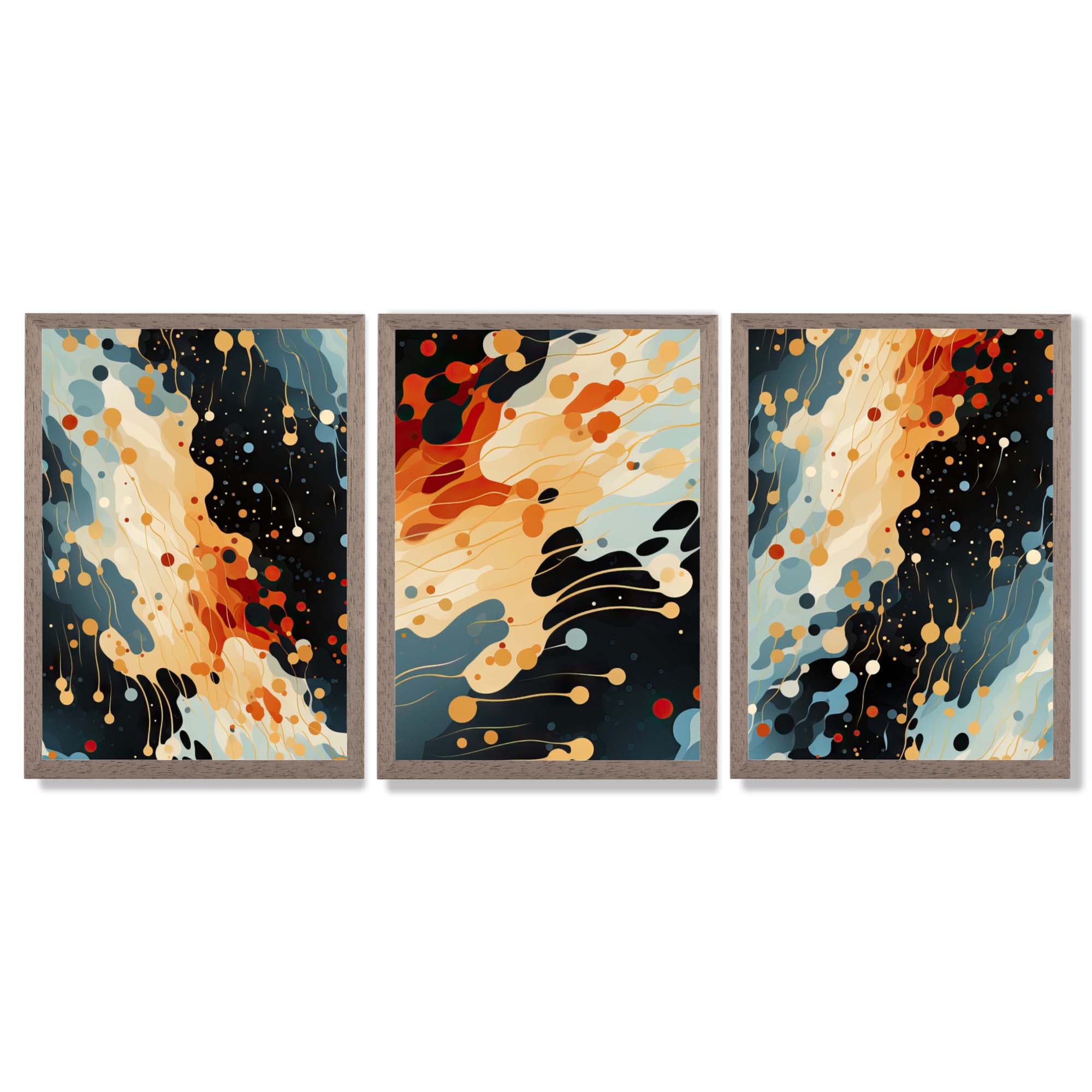 Abstract Modern Blue and Orange Set of 3 Framed Art Prints with Light Walnut Frames
