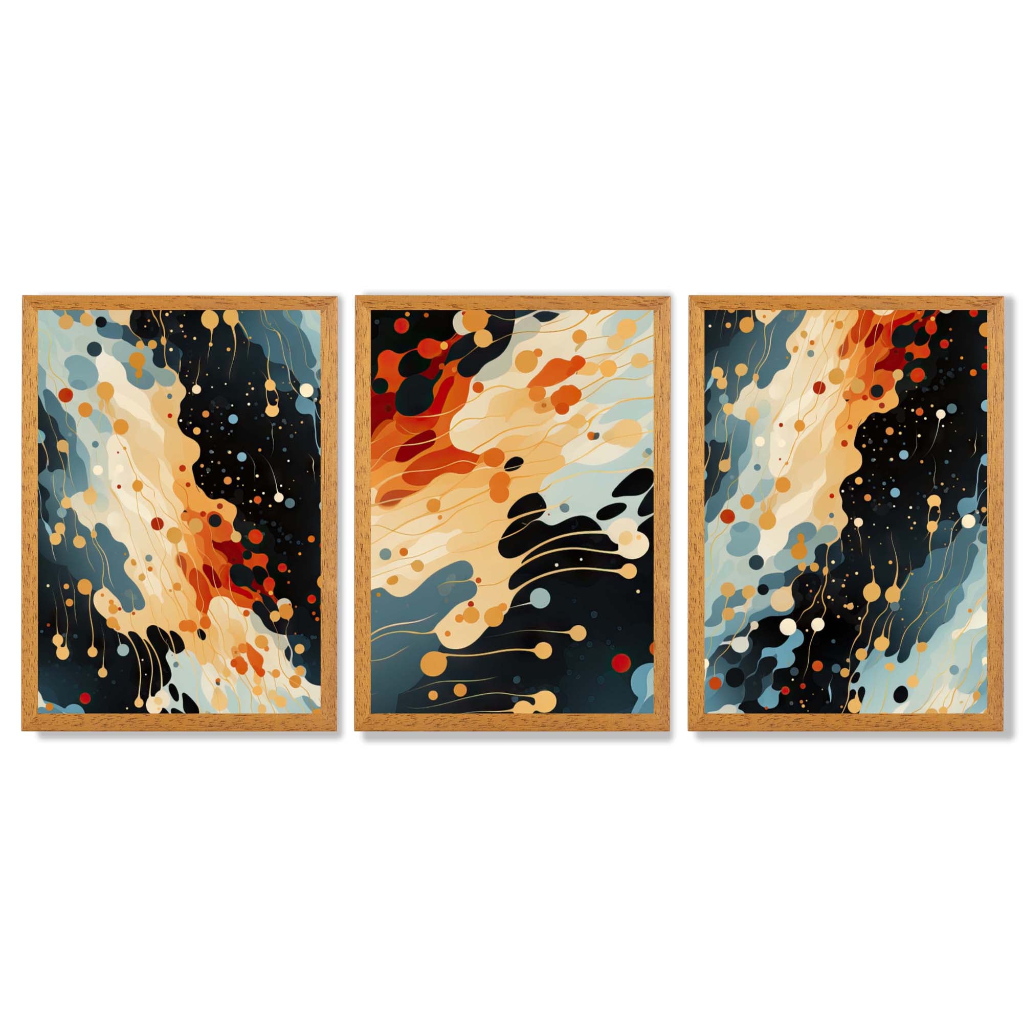 Abstract Modern Blue and Orange Set of 3 Framed Art Prints with Oak Wooden Frames
