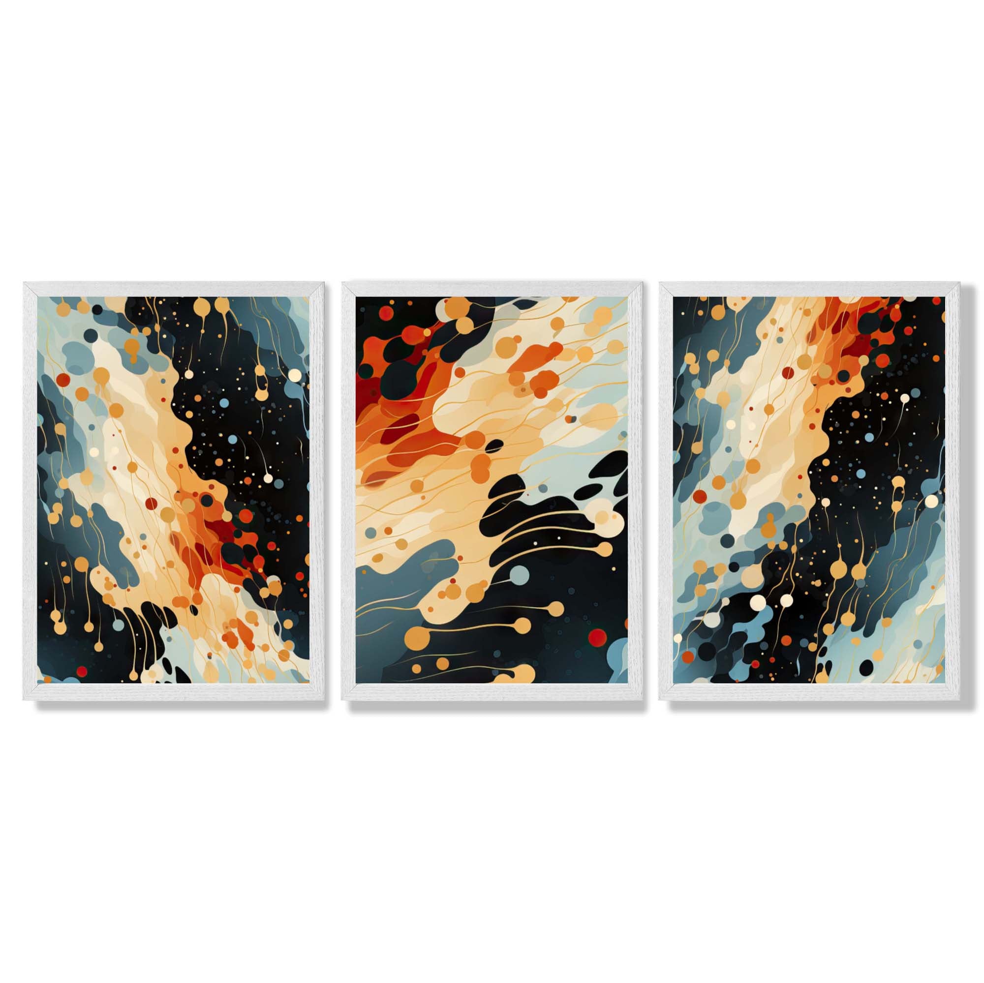 Abstract Modern Blue and Orange Set of 3 Framed Art Prints with White Wooden Frames