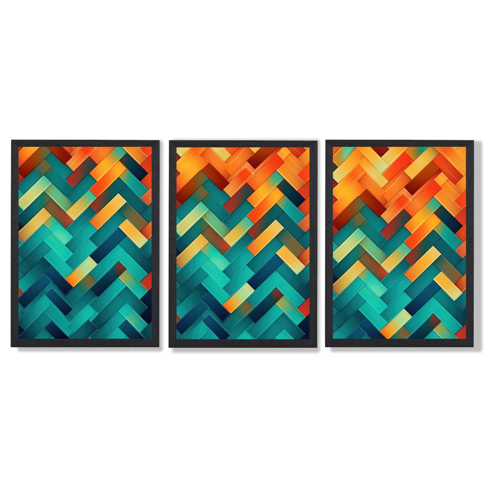 Abstract Colourful Herringbone Set of 3 Framed Art Prints with Black Wooden Frames
