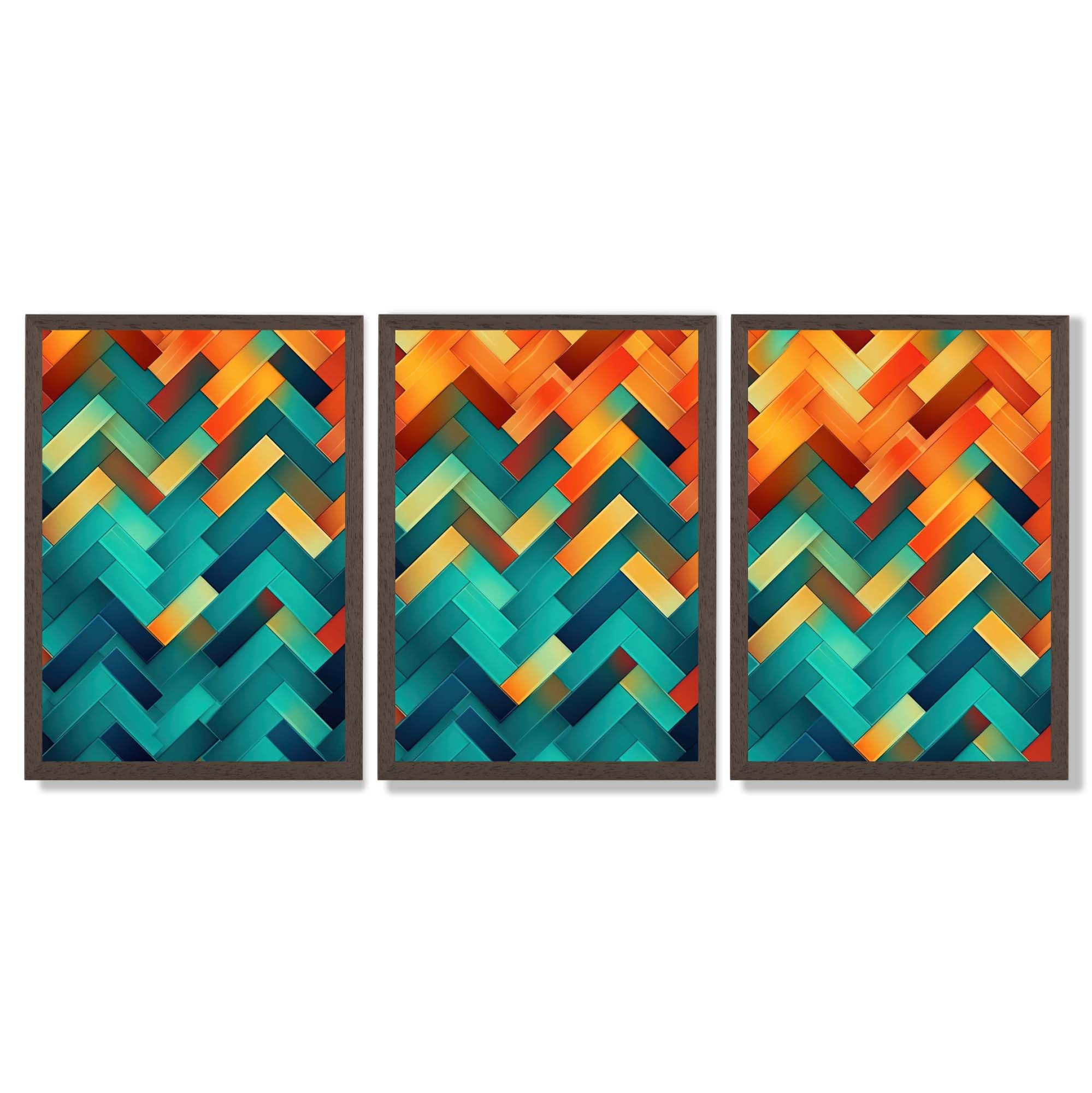 Abstract Colourful Herringbone Set of 3 Framed Art Prints with Dark Wood Frames