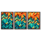 Abstract Colourful Herringbone Set of 3 Framed Art Prints with Dark Wood Frames