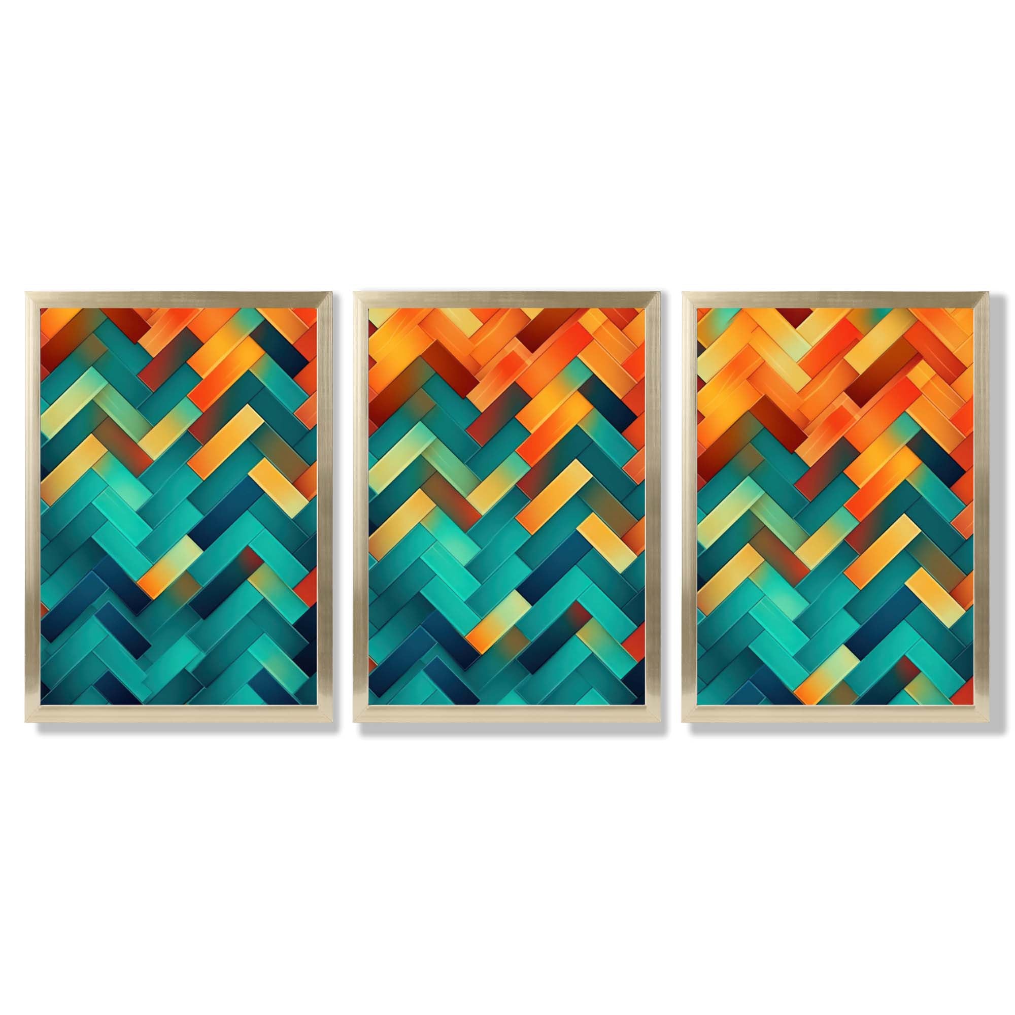 Abstract Colourful Herringbone Set of 3 Framed Art Prints with Gold Wood Frames