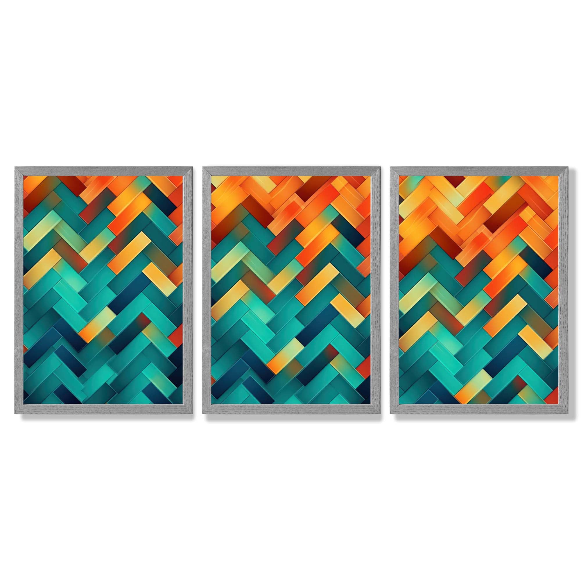 Abstract Colourful Herringbone Set of 3 Framed Art Prints with Light Grey Wooden Frames