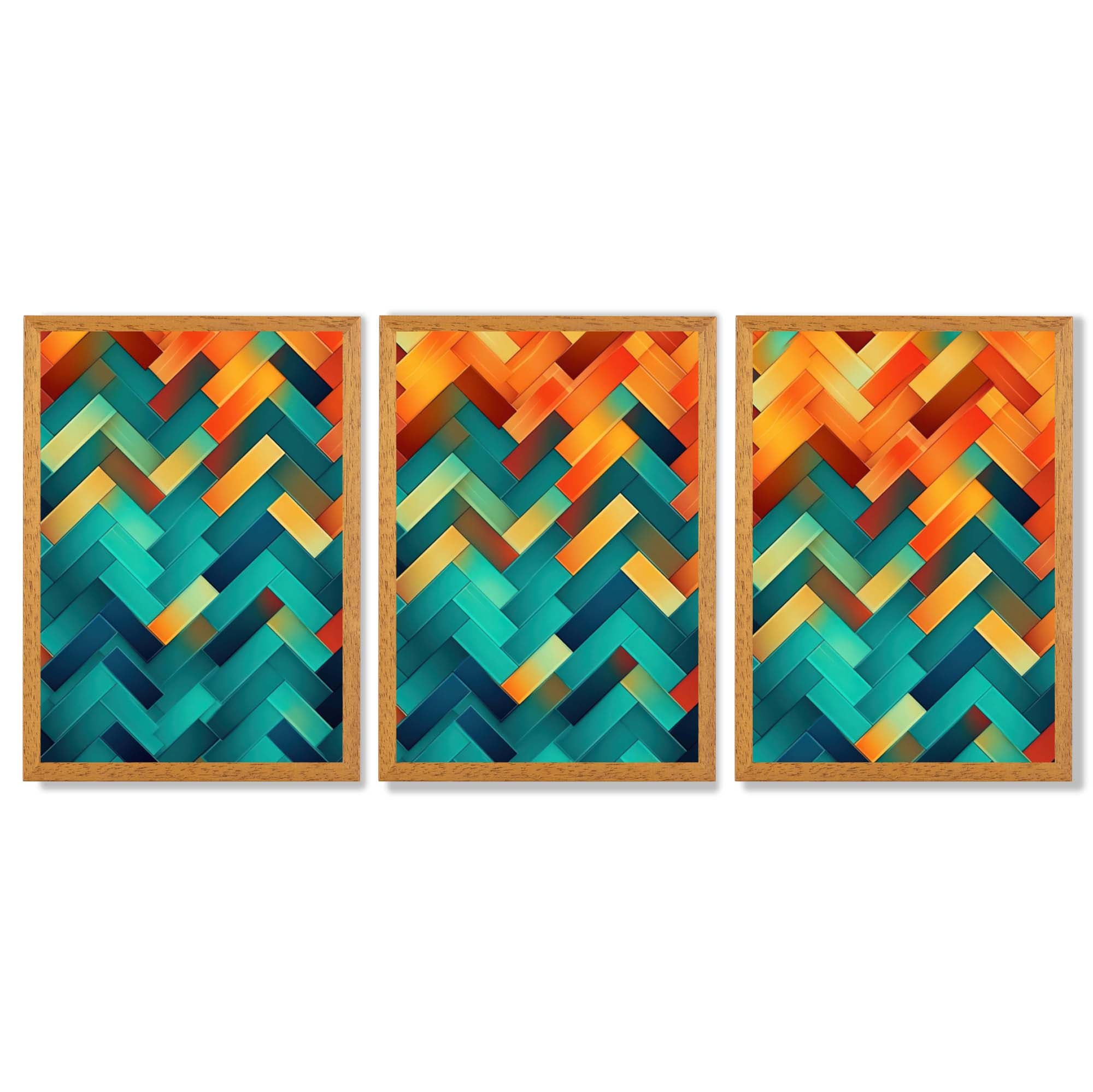Abstract Colourful Herringbone Set of 3 Framed Art Prints with Oak Wooden Frames