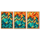 Abstract Colourful Herringbone Set of 3 Framed Art Prints with Oak Wooden Frames