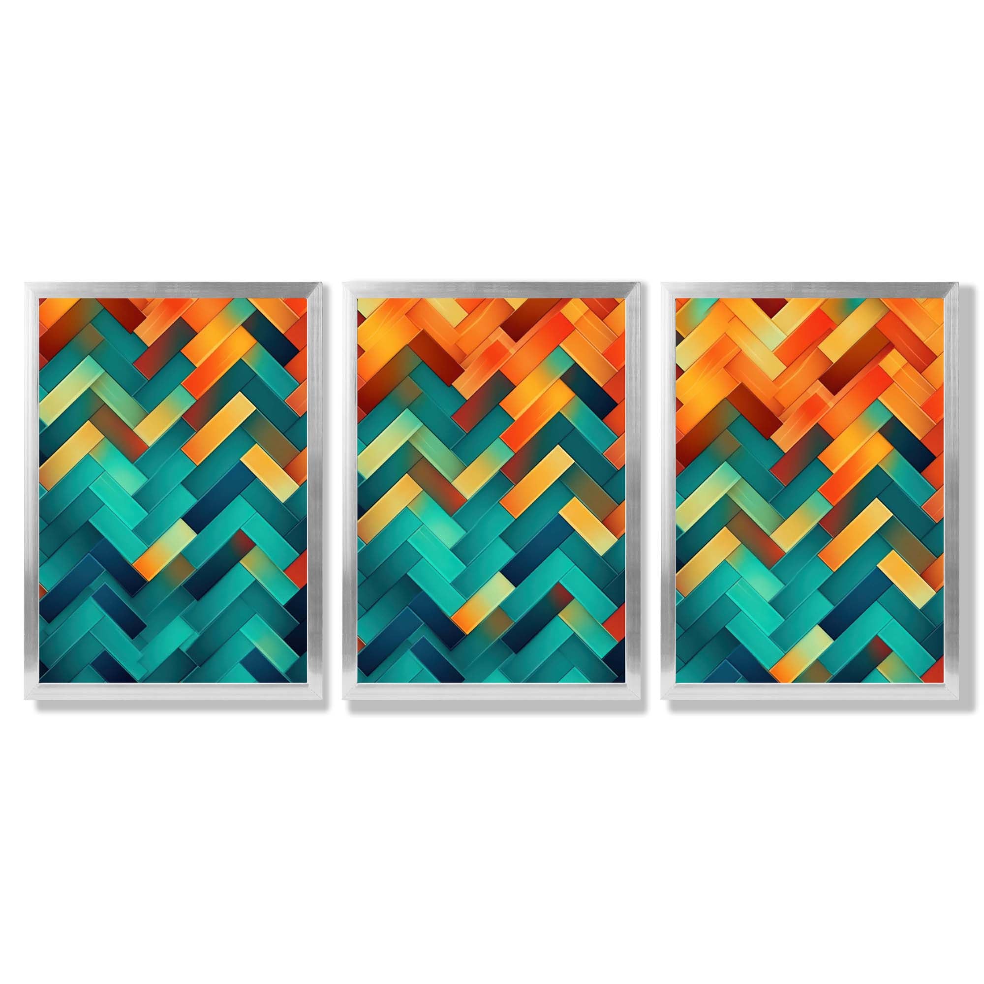 Abstract Colourful Herringbone Set of 3 Framed Art Prints with Silver Wood Frames