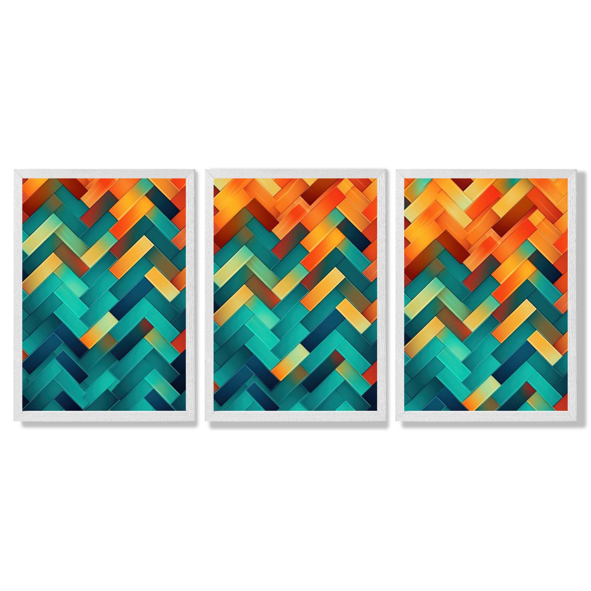 Abstract Colourful Herringbone Set of 3 Framed Art Prints with White Wooden Frames