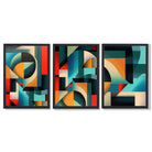 Abstract Cubism Red and Yellow Set of 3 Framed Art Prints with Black Wooden Frames