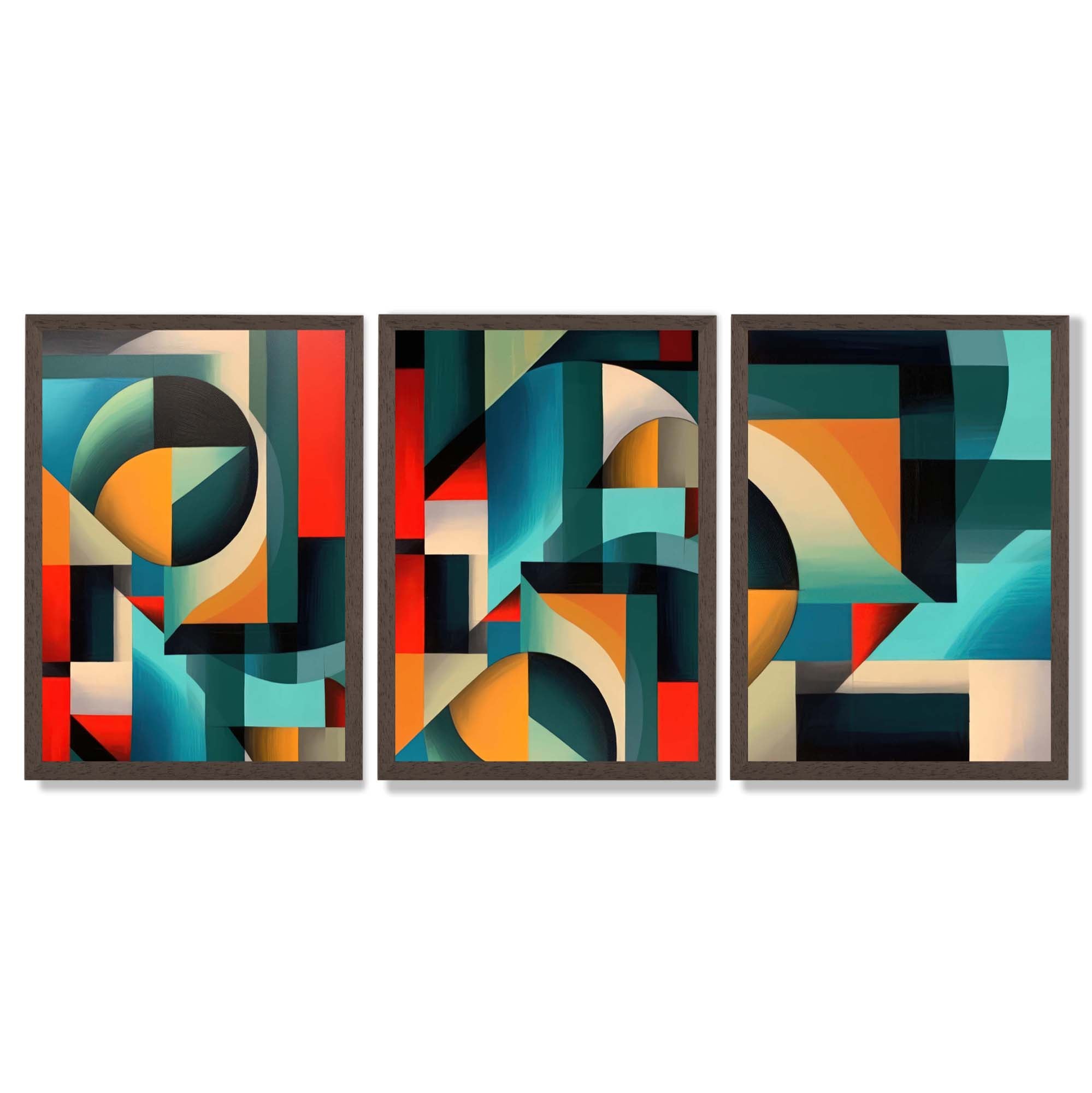 Abstract Cubism Red and Yellow Set of 3 Framed Art Prints with Dark Wood Frames