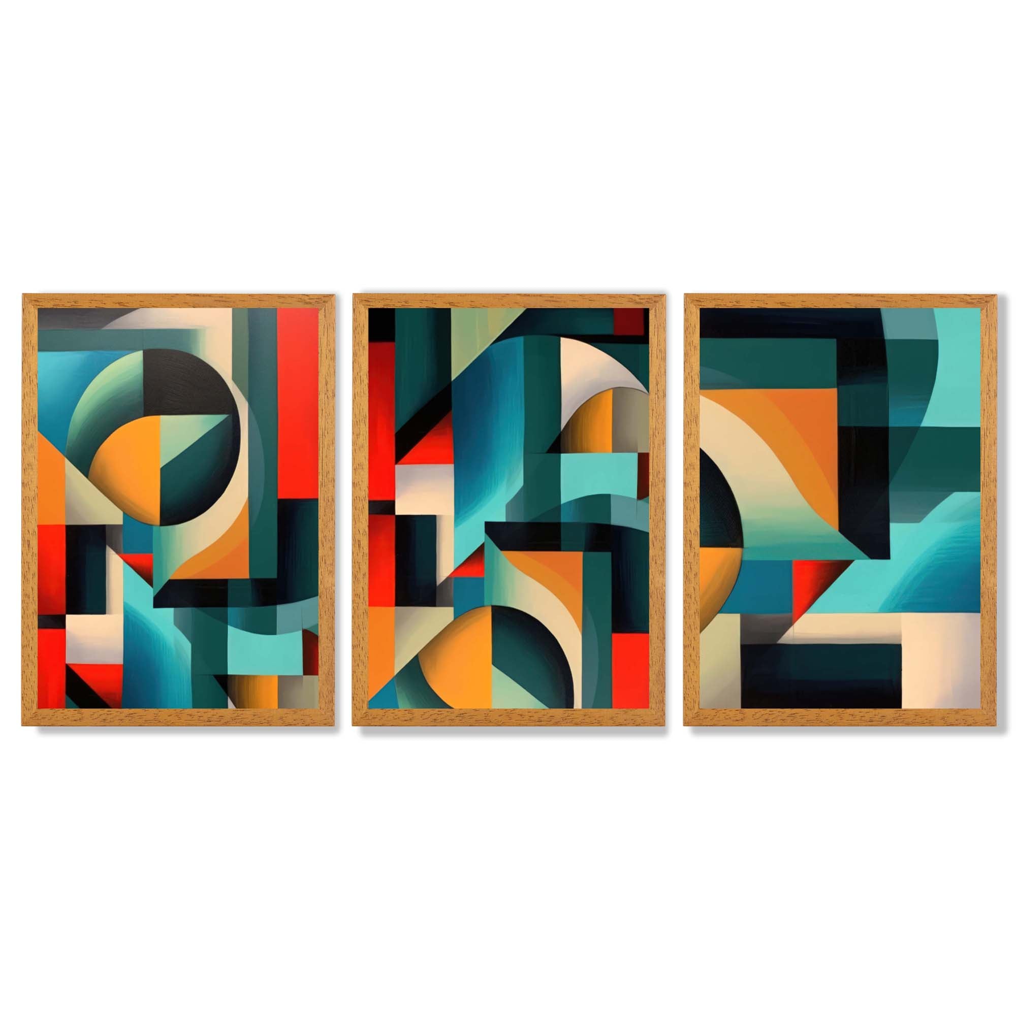 Abstract Cubism Red and Yellow Set of 3 Framed Art Prints with Oak Wooden Frames