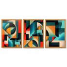Abstract Cubism Red and Yellow Set of 3 Framed Art Prints with Oak Wooden Frames