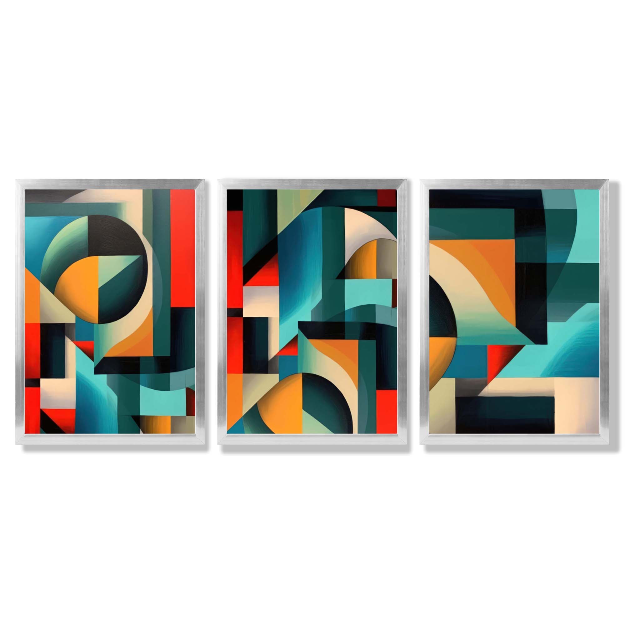Abstract Cubism Red and Yellow Set of 3 Framed Art Prints with Silver Wood Frames