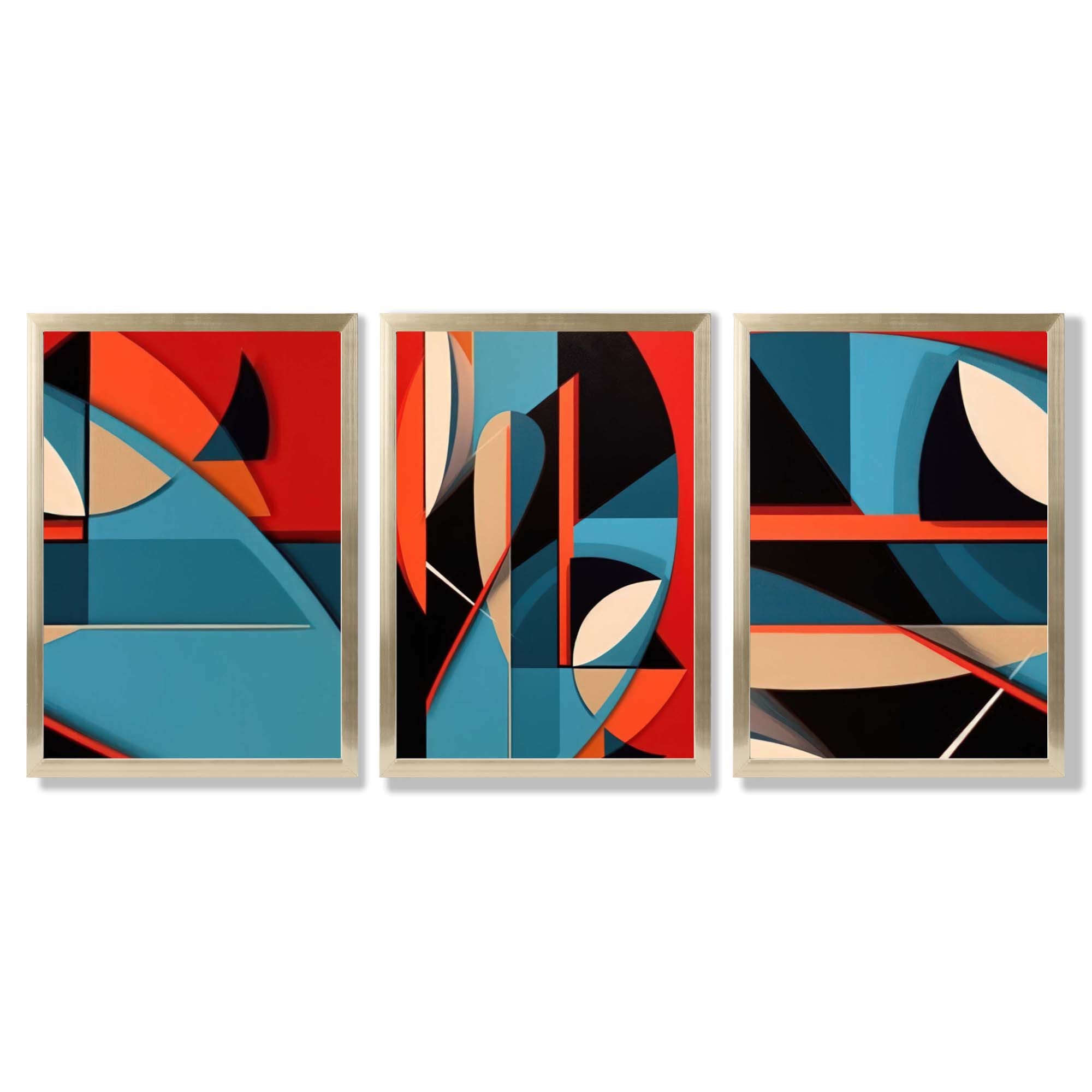 Abstract Cubism Red and Blue Set of 3 Framed Art Prints with Gold Wood Frames
