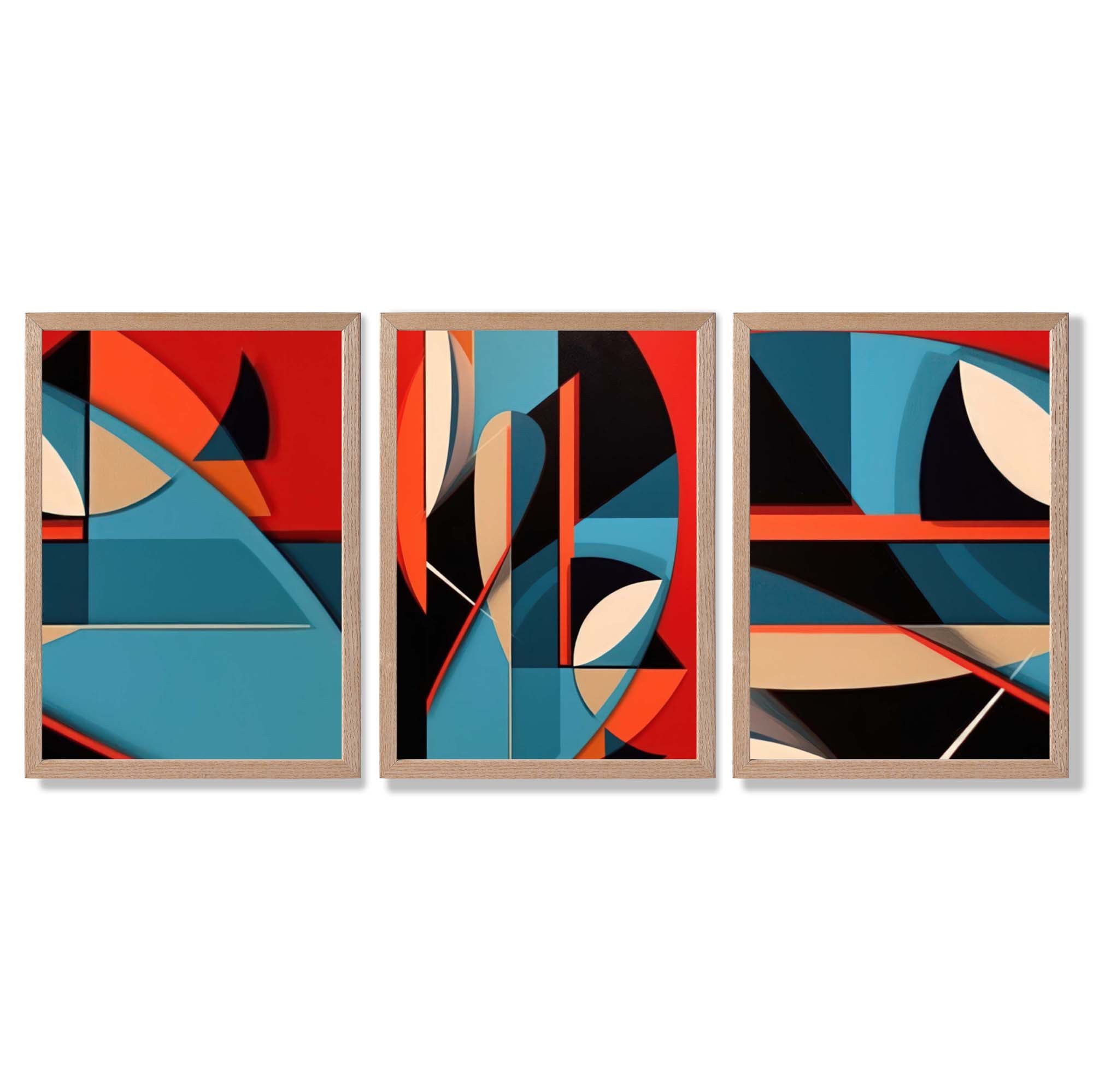 Abstract Cubism Red and Blue Set of 3 Framed Art Prints with Light Oak Frames