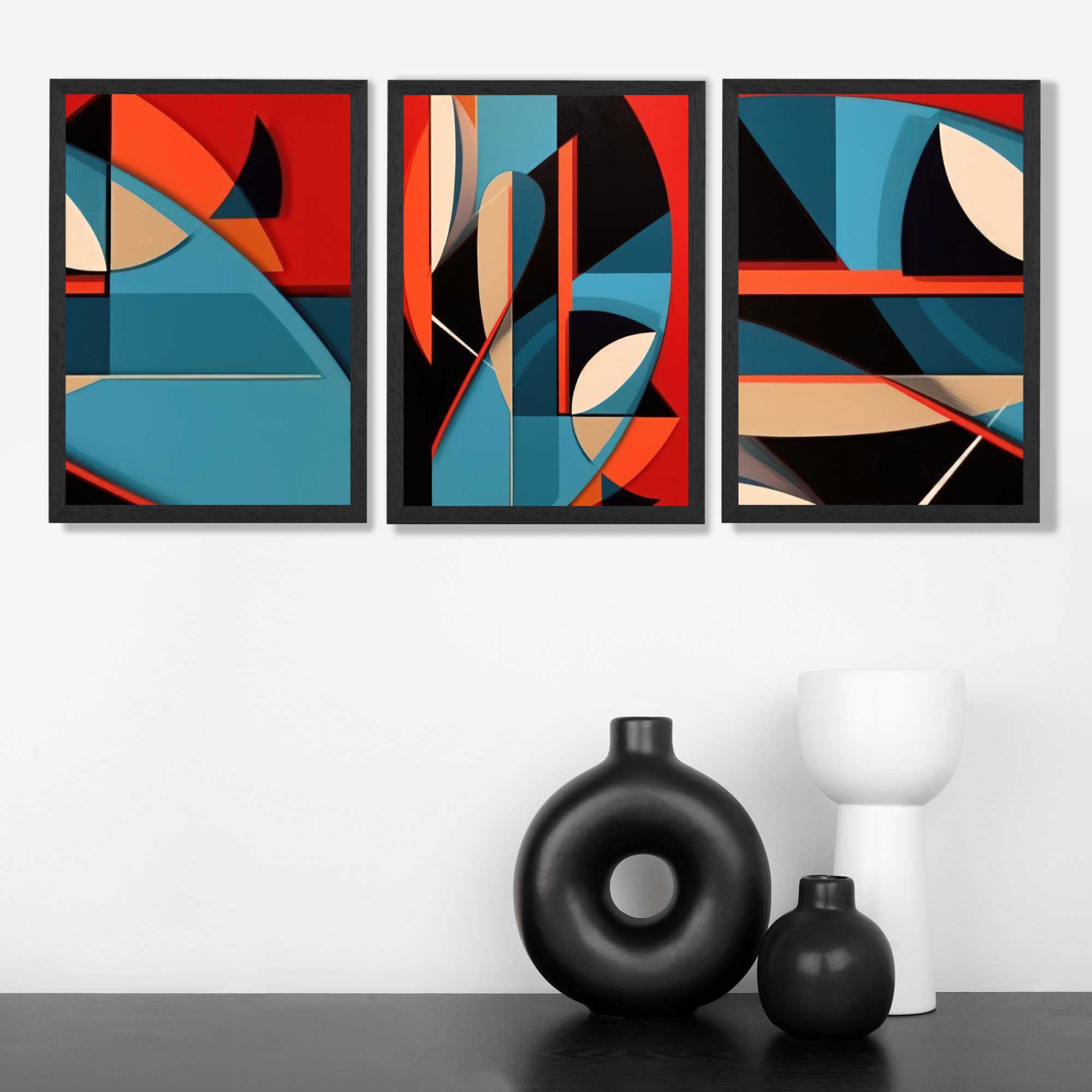 Abstract Cubism Red and Blue Set of 3 Art Prints in Black Frames | Artze UK