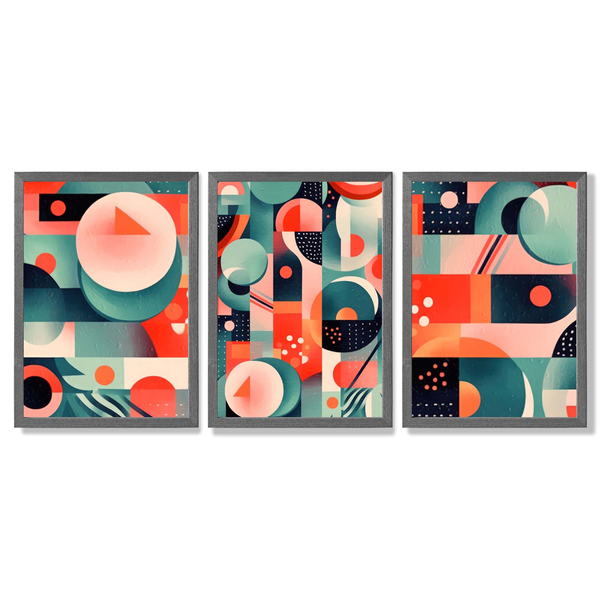 Abstract Cubism Green and Pink Set of 3 Framed Art Prints with Dark Grey Wooden Frames