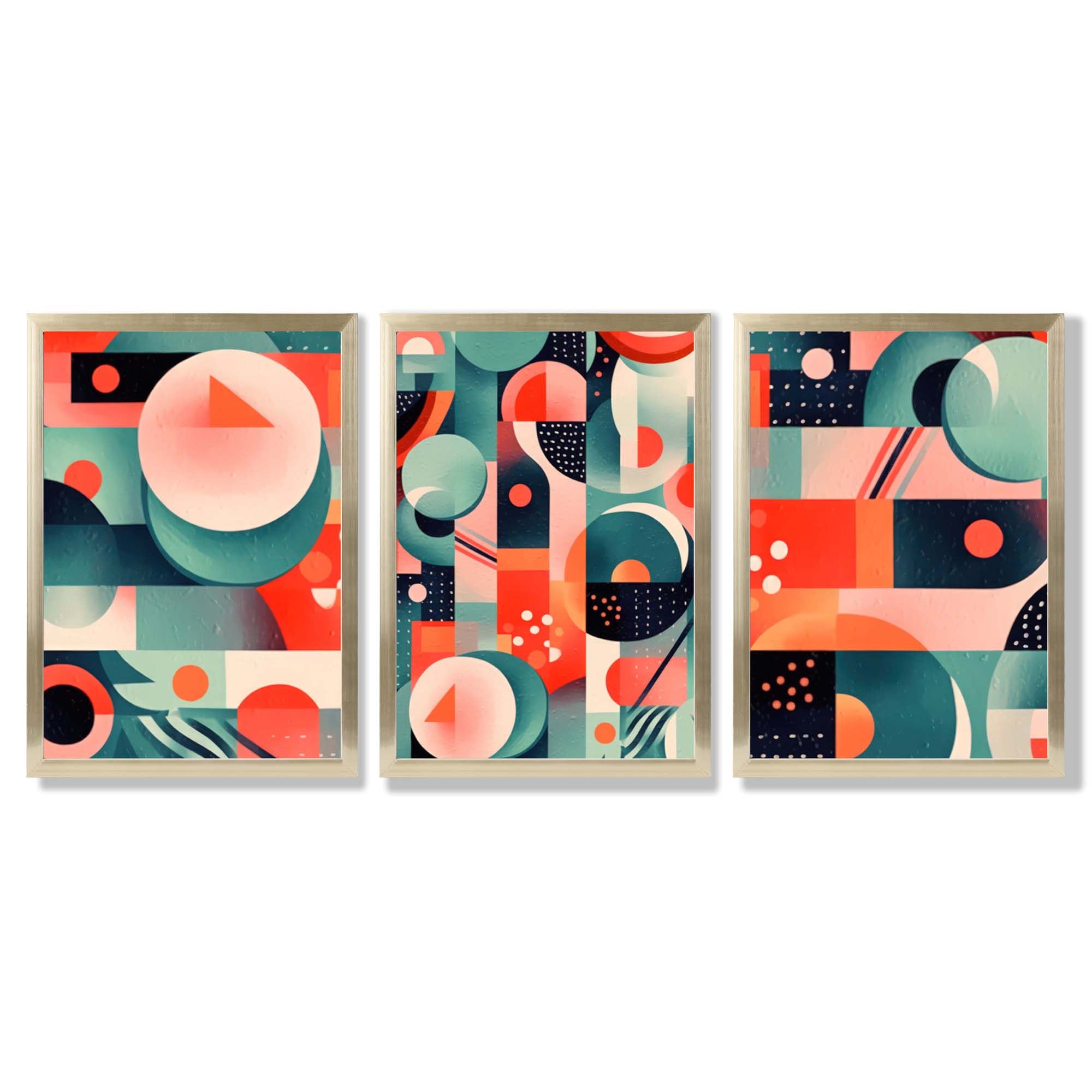 Abstract Cubism Green and Pink Set of 3 Framed Art Prints with Gold Wood Frames