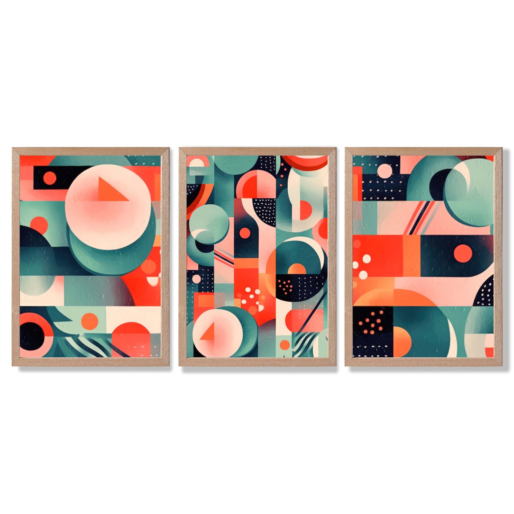 Abstract Cubism Green and Pink Set of 3 Framed Art Prints with Light Oak Frames