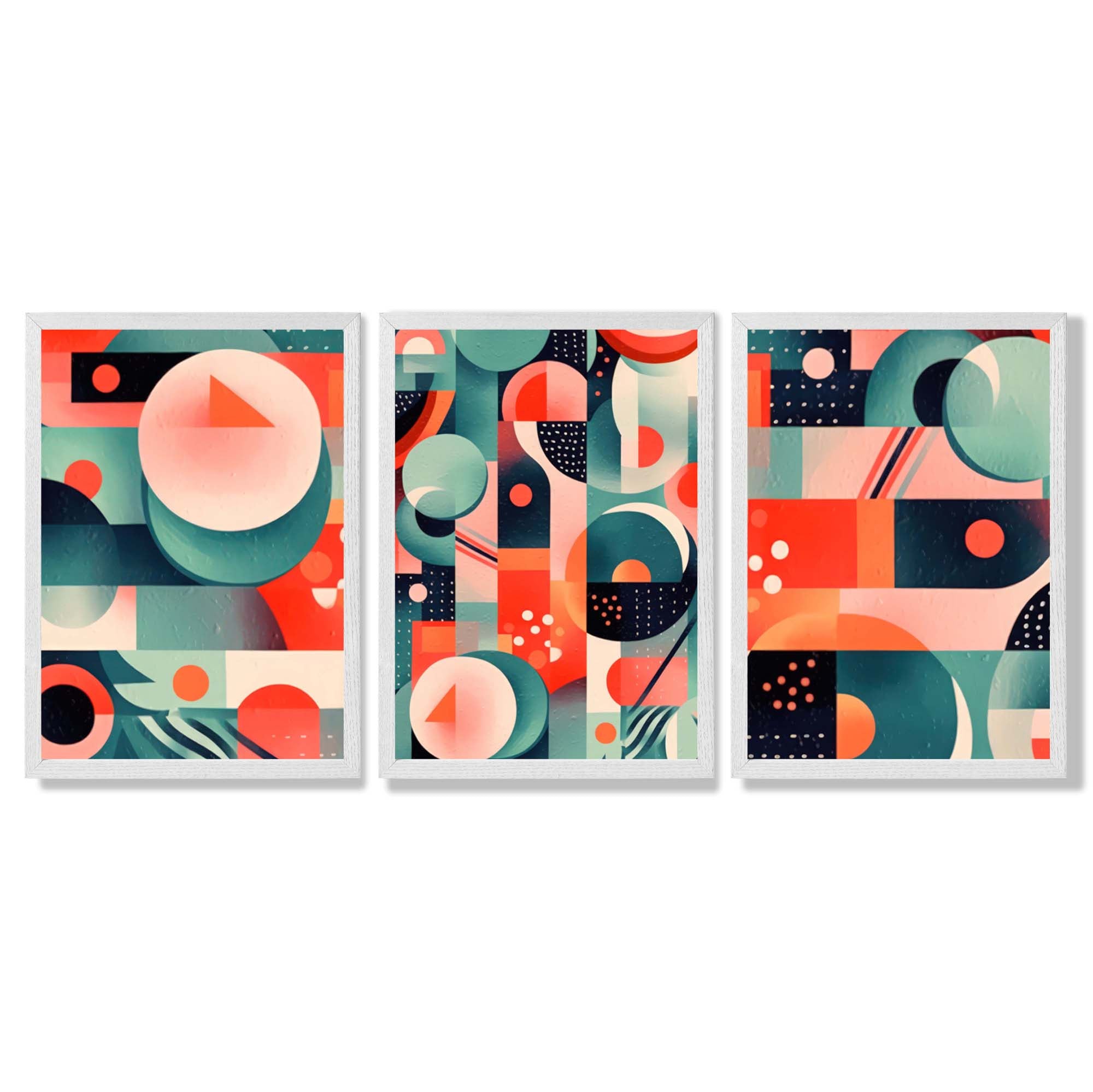 Abstract Cubism Green and Pink Set of 3 Framed Art Prints with White Wooden Frames