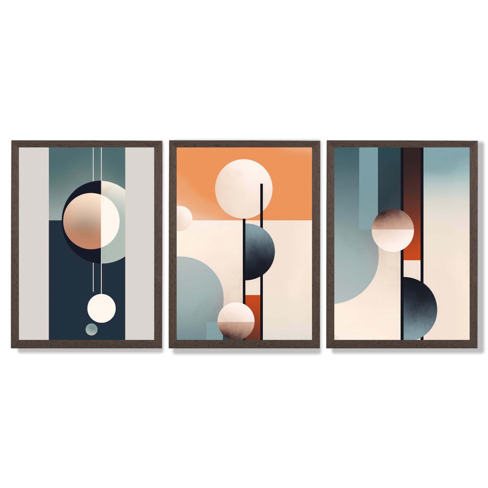 Neutral with Blue and Orange Geometric Set of 3 Framed Art Prints with Dark Wood Frames