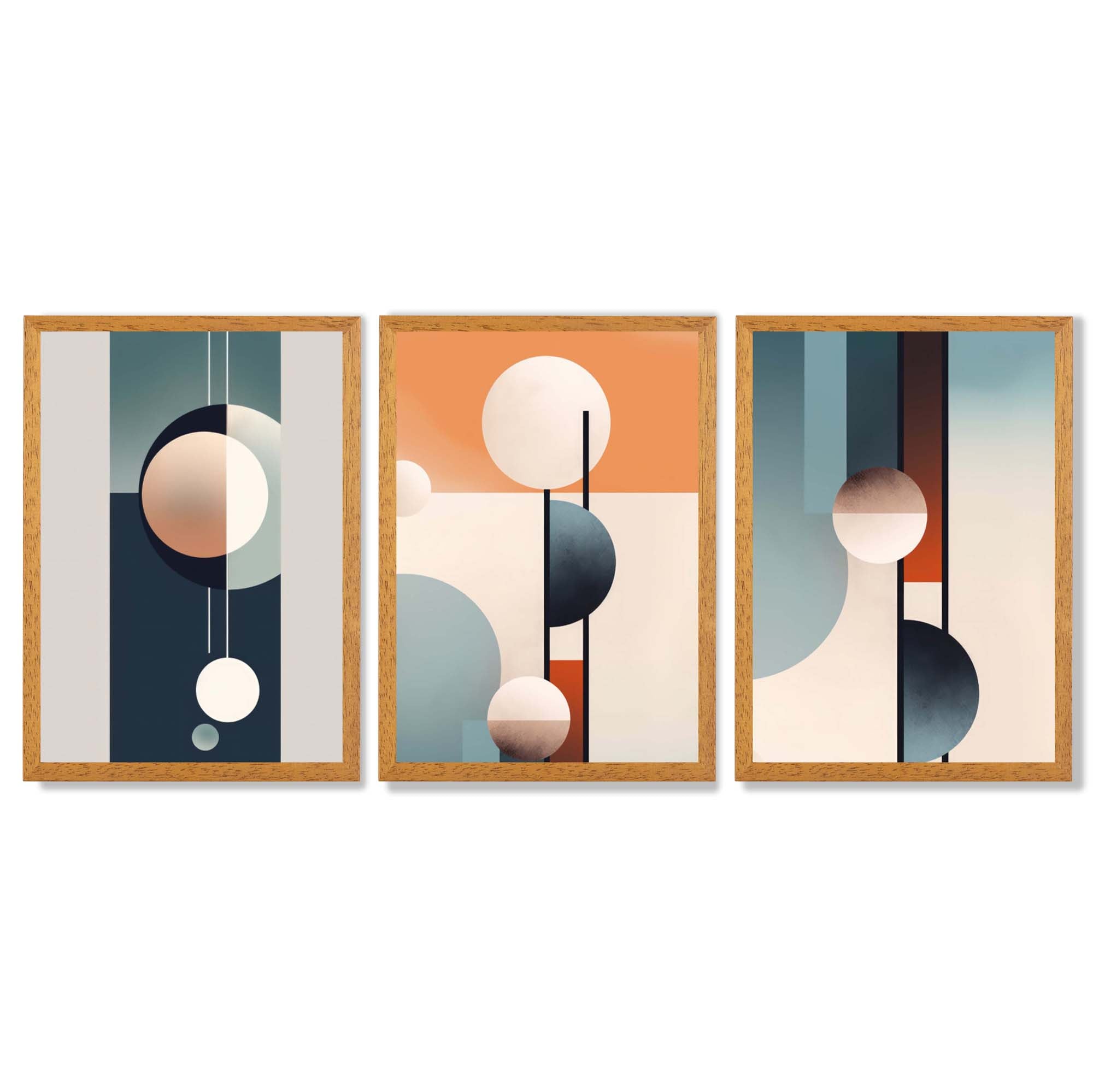 Neutral with Blue and Orange Geometric Set of 3 Framed Art Prints with Oak Wooden Frames