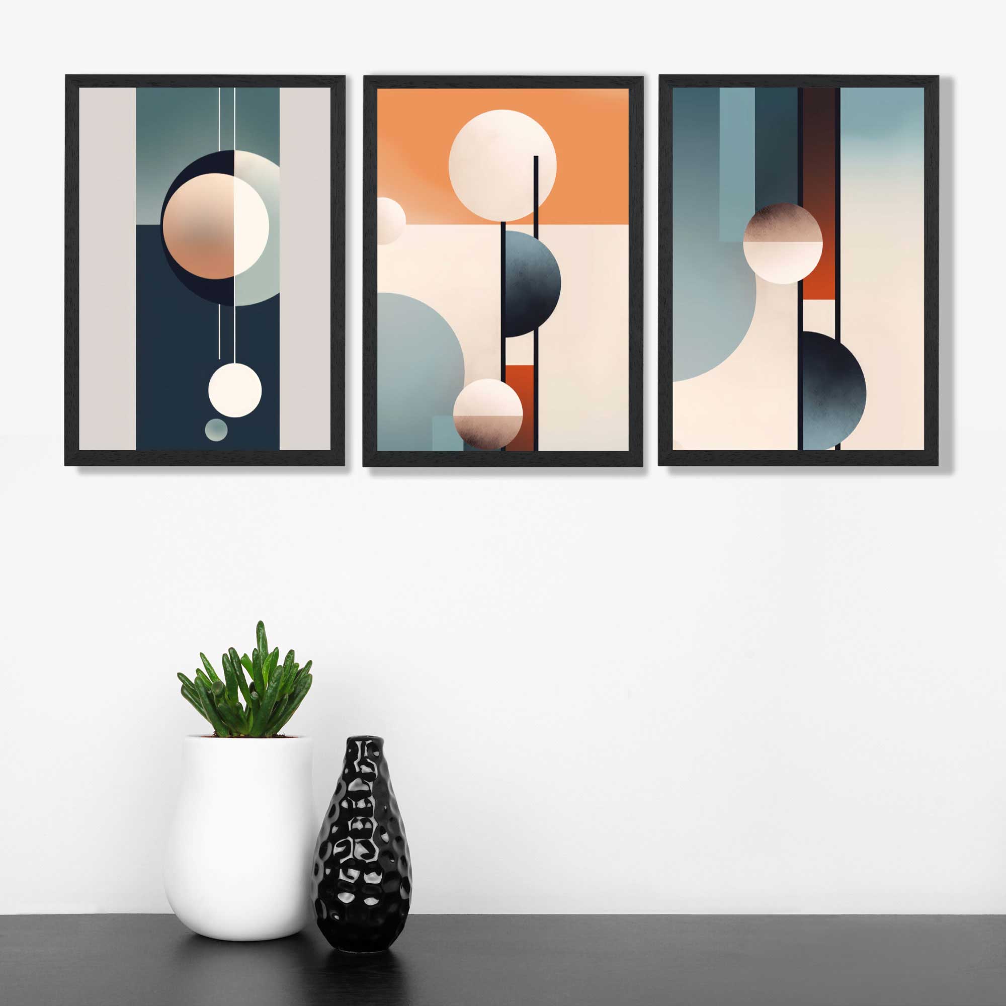 Neutral with Blue and Orange Geometric Set of 3 Art Prints in Black Frames | Artze UK