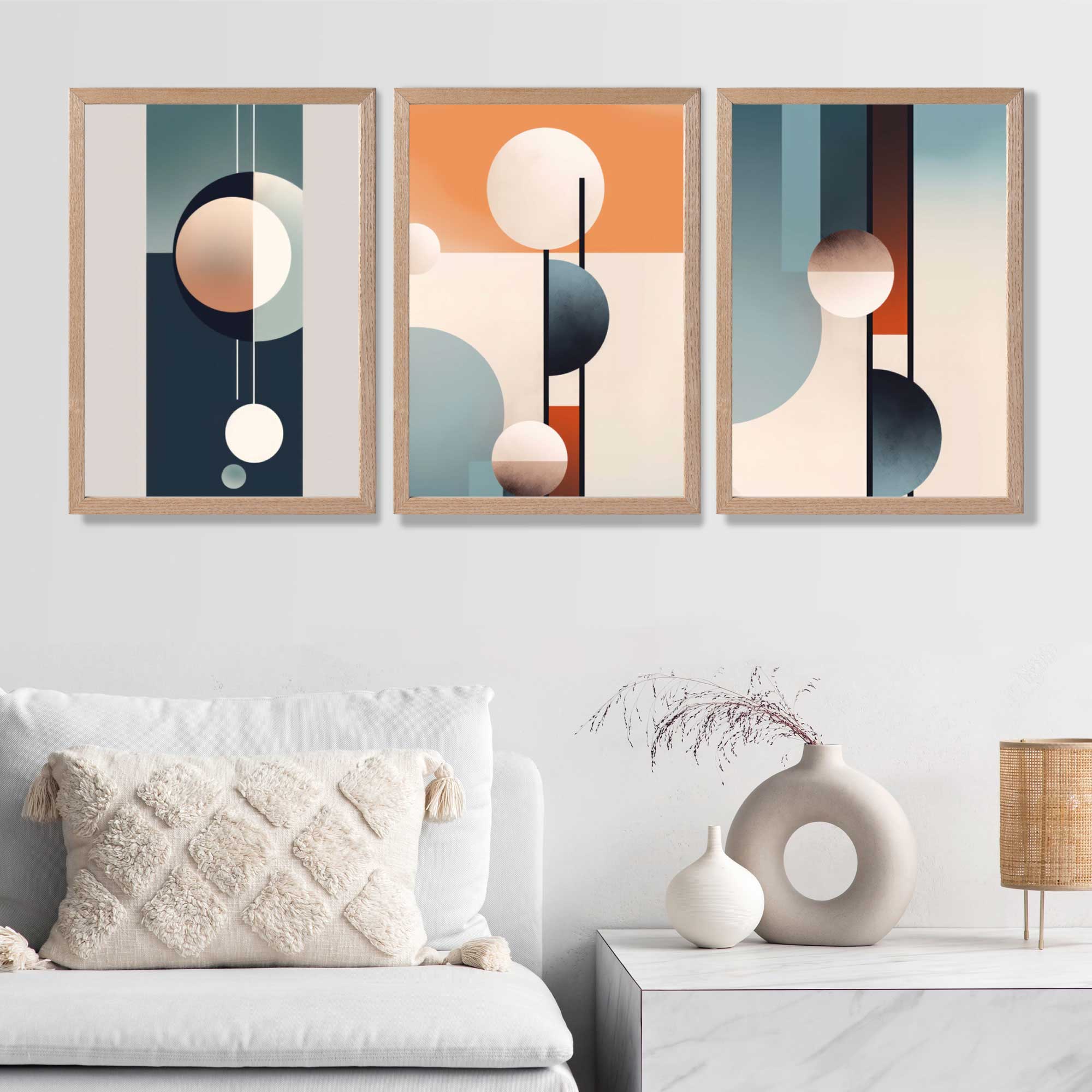 Neutral with Blue and Orange Geometric Set of 3 Art Prints in Oak Frames | Artze UK