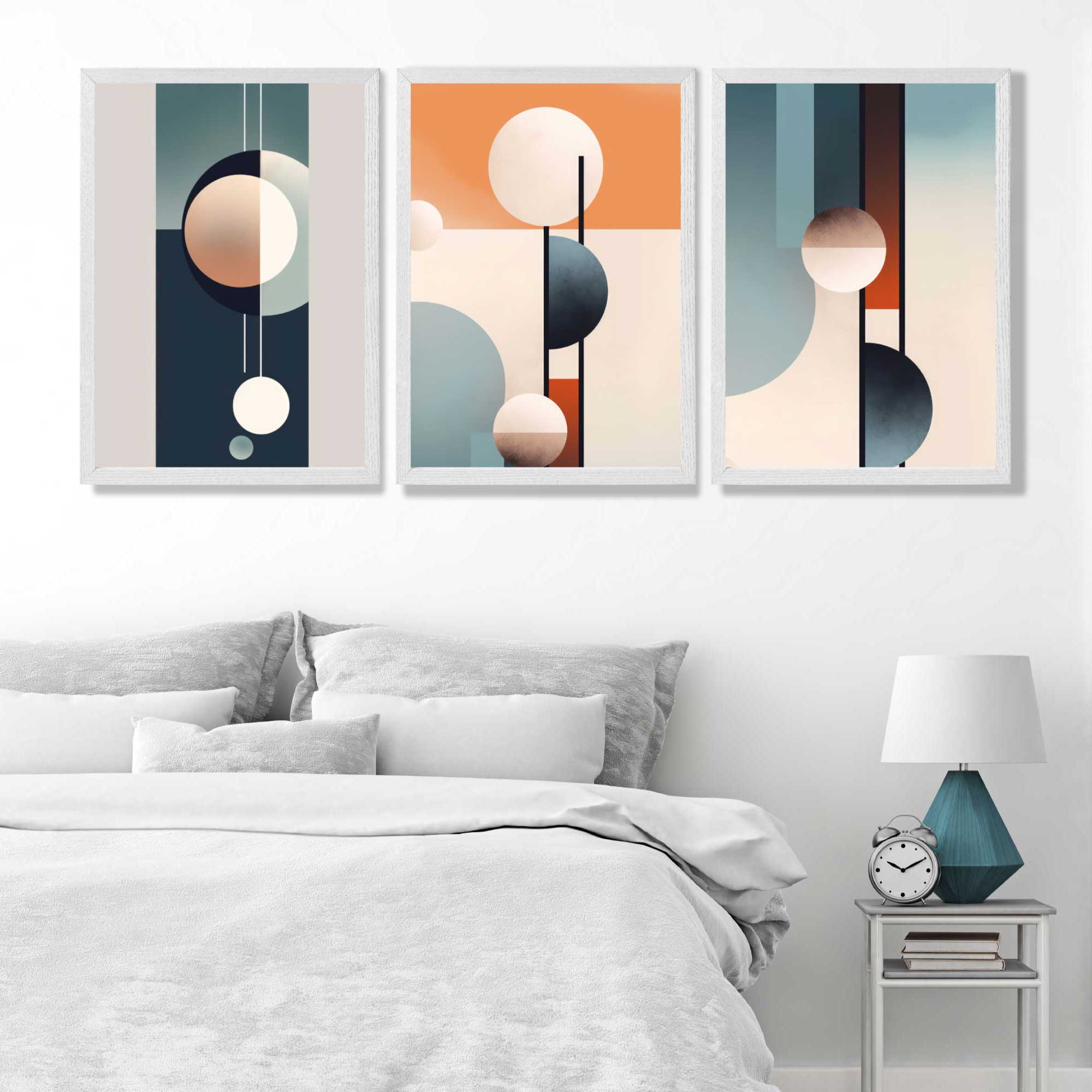 Neutral with Blue and Orange Geometric Set of 3 Art Prints in White Frames | Artze UK