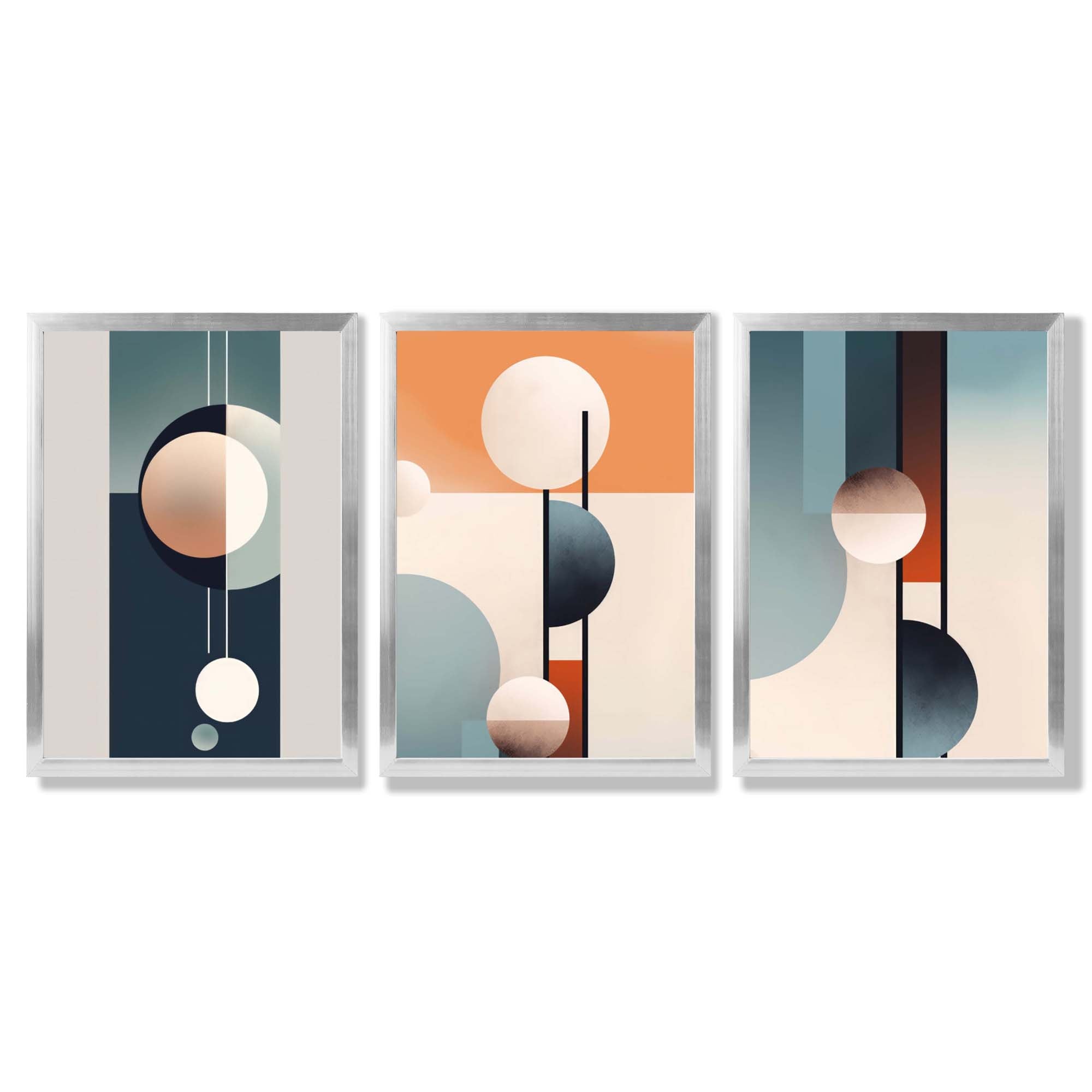 Neutral with Blue and Orange Geometric Set of 3 Framed Art Prints with Silver Wood Frames