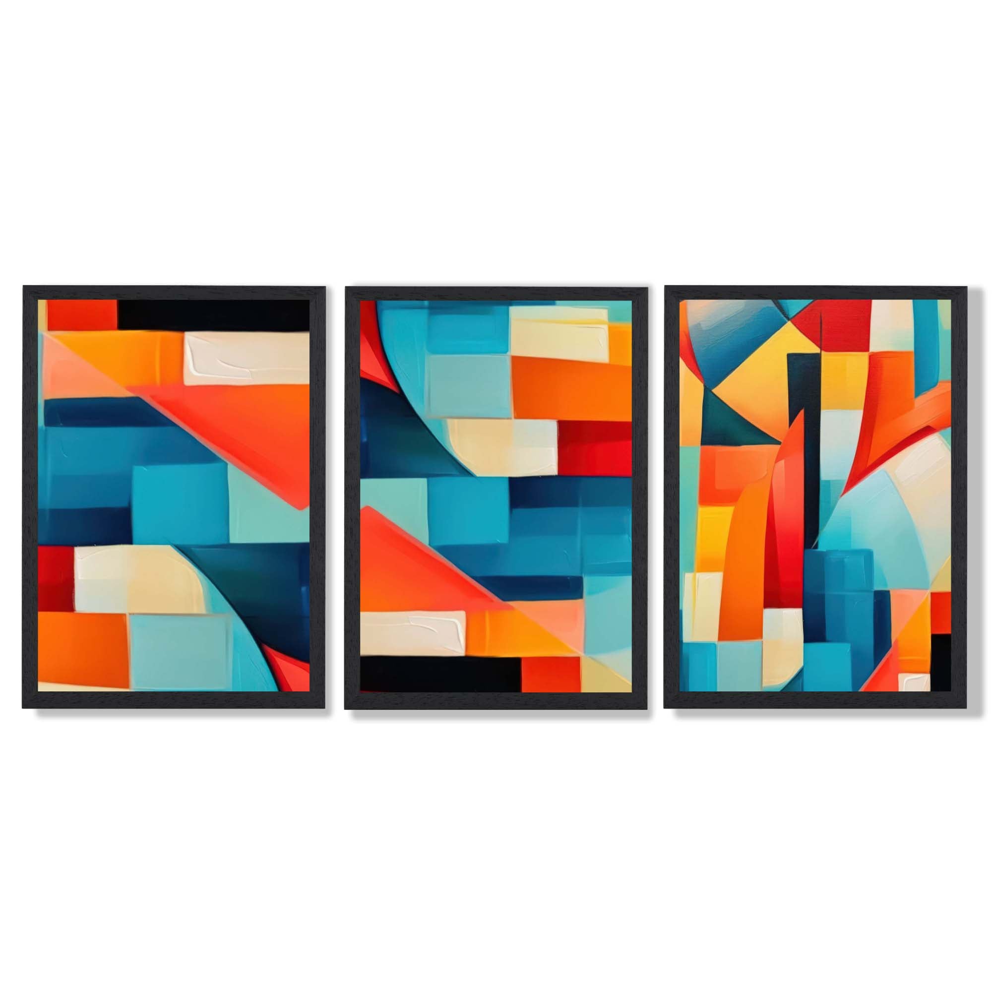 Set of 3 Abstract Colourful Geometric Shapes Framed Art Prints with Black Wooden Frames