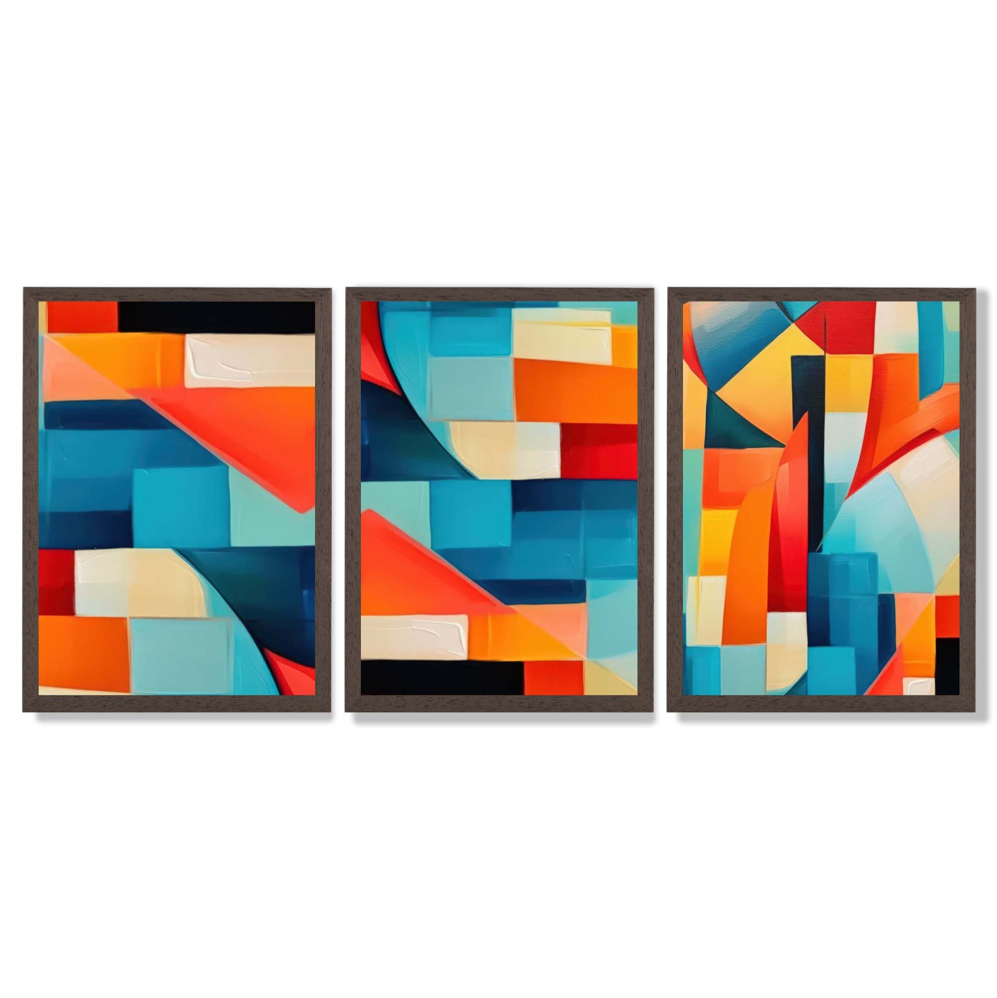 Set of 3 Abstract Colourful Geometric Shapes Framed Art Prints with Dark Wood Frames