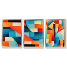 Set of 3 Abstract Colourful Geometric Shapes Framed Art Prints with Gold Wood Frames